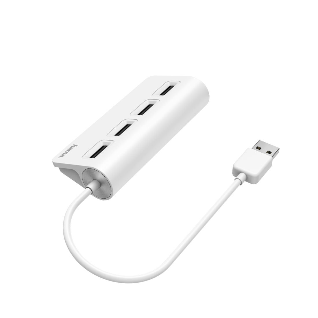 Ein weißer USB-Hub mit vier Anschlüssen, verbunden mit einem USB-Kabel. Der Markenname 'hama' ist sichtbar.