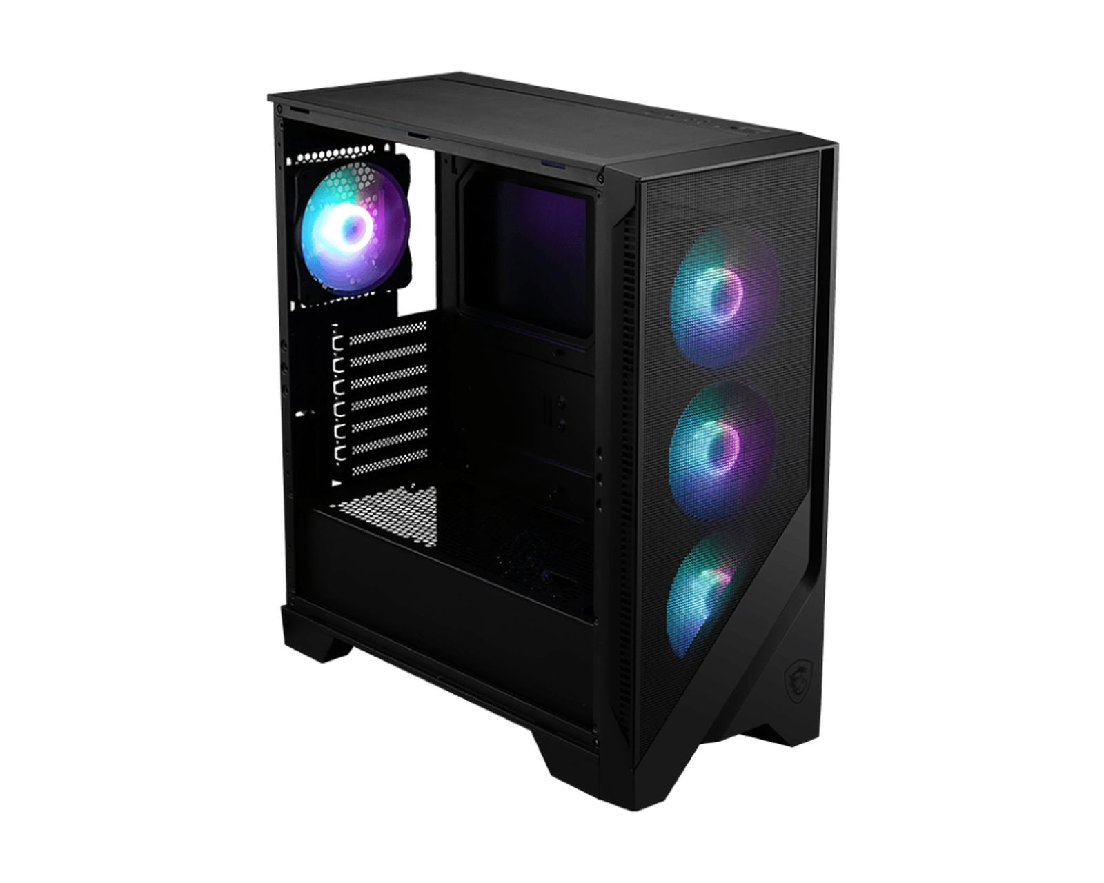 RGB fanları görünen siyah bir bilgisayar kasası. Kasa, file ön yüzeye sahip ve fanlar çeşitli renklerle aydınlatılıyor.