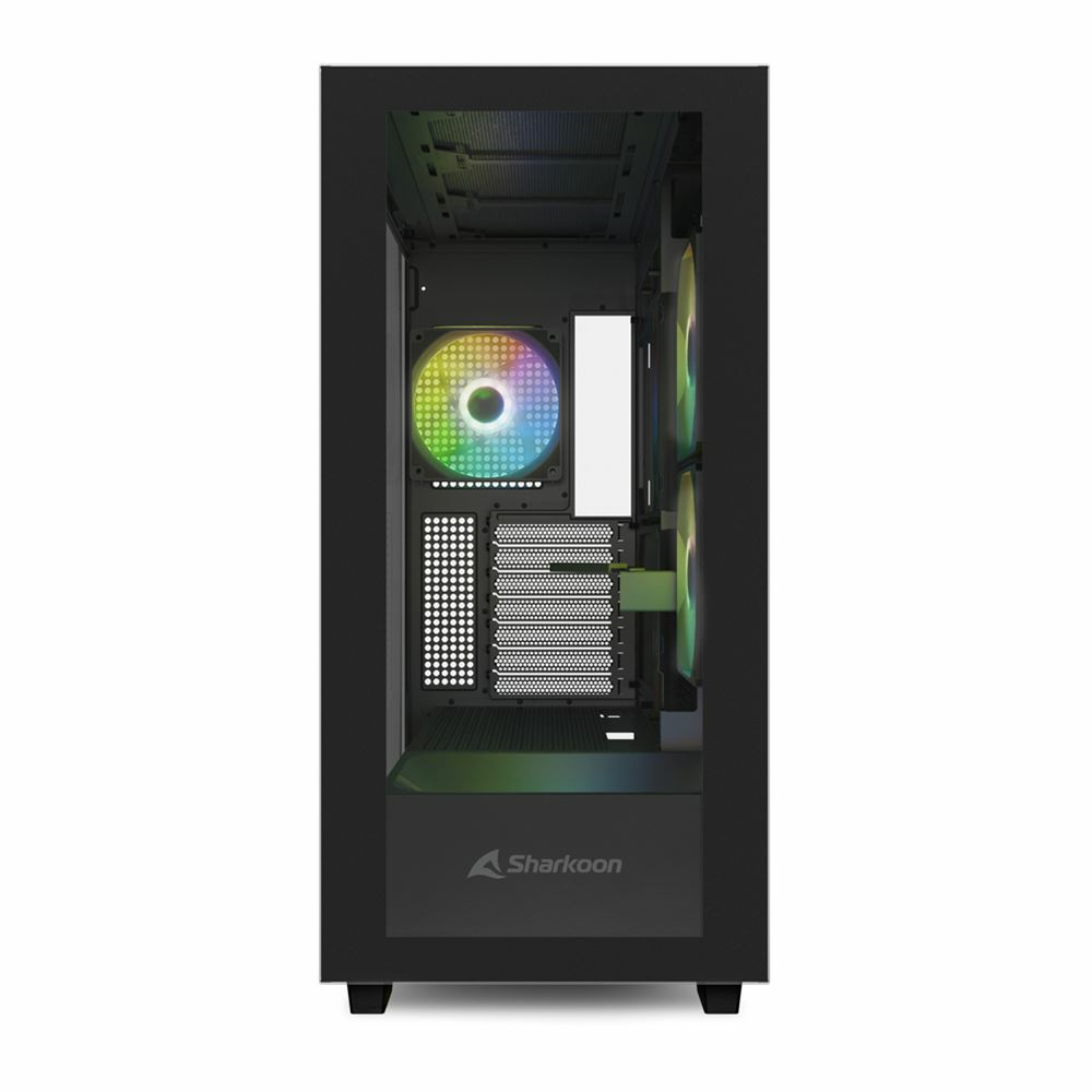 Ein Computergehäuse mit Glasseitenwand. Innen ist ein Lüfter mit bunten Lichtern sichtbar. Die Marke Sharkoon befindet sich unten.