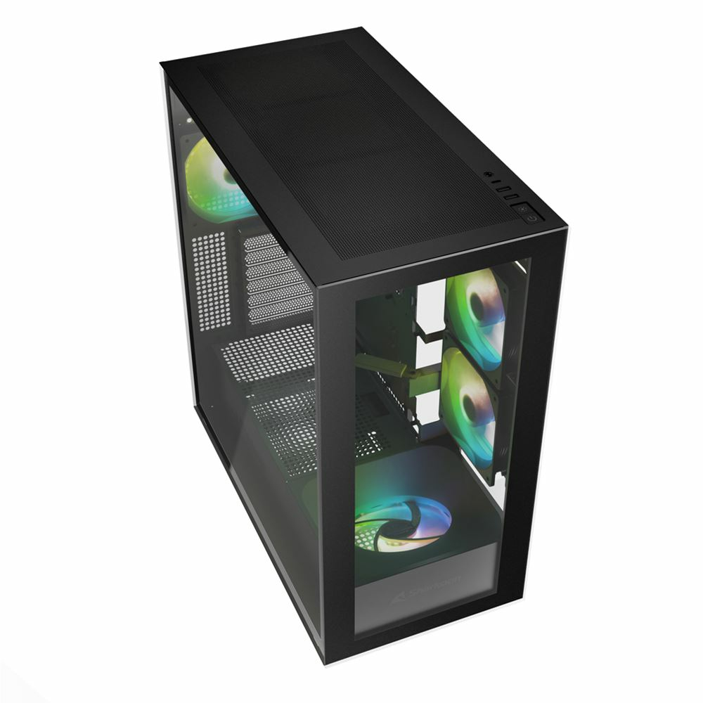 Ein schwarzes Computergehäuse mit einer Glasseitenwand. Im Inneren sind farbenfrohe Lüfter und Komponenten sichtbar. Das Gehäuse hat ein Mesh-Oberteil.
