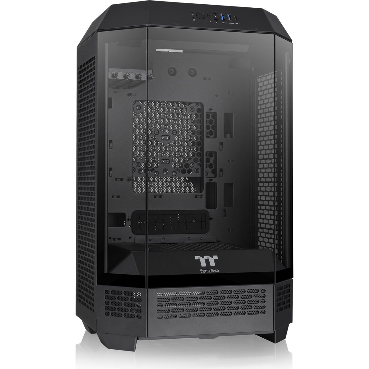 A black computer case with glass panels. It has a Thermaltake logo and various ventilation and port features visible.
