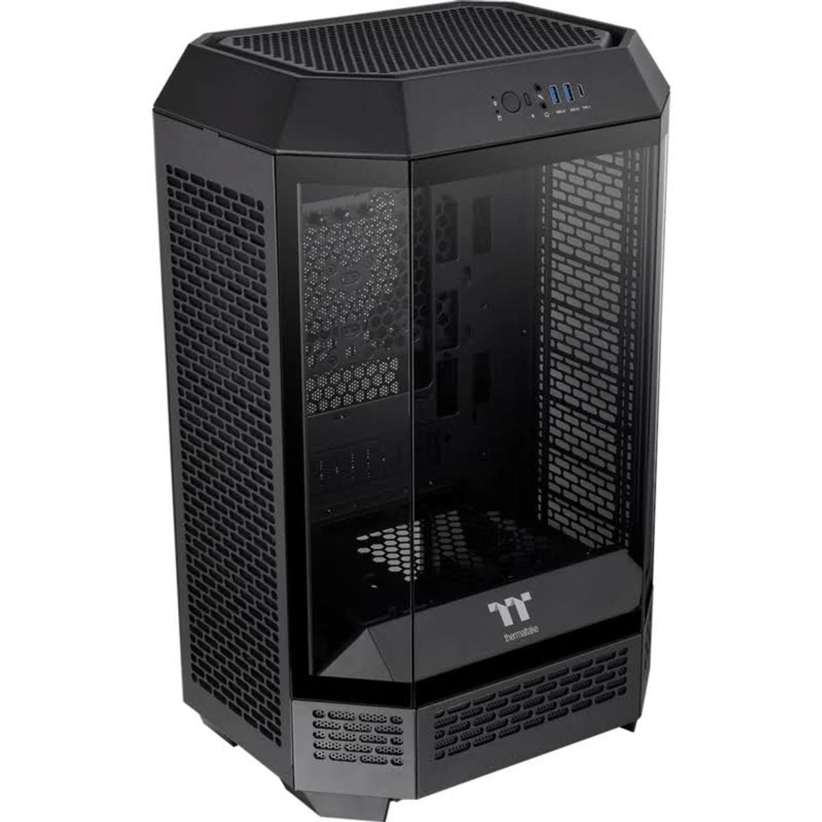 Black computer case with glass panels and ventilation grilles. The Thermaltake logo is visible at the bottom.