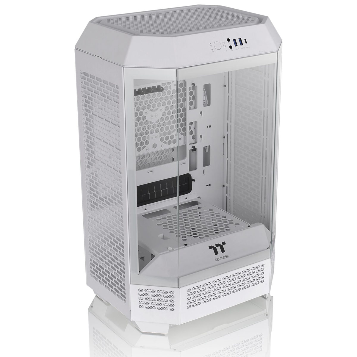 A white computer case with a glass side panel is shown. The case has a mesh design on the sides and top, and the logo is visible.