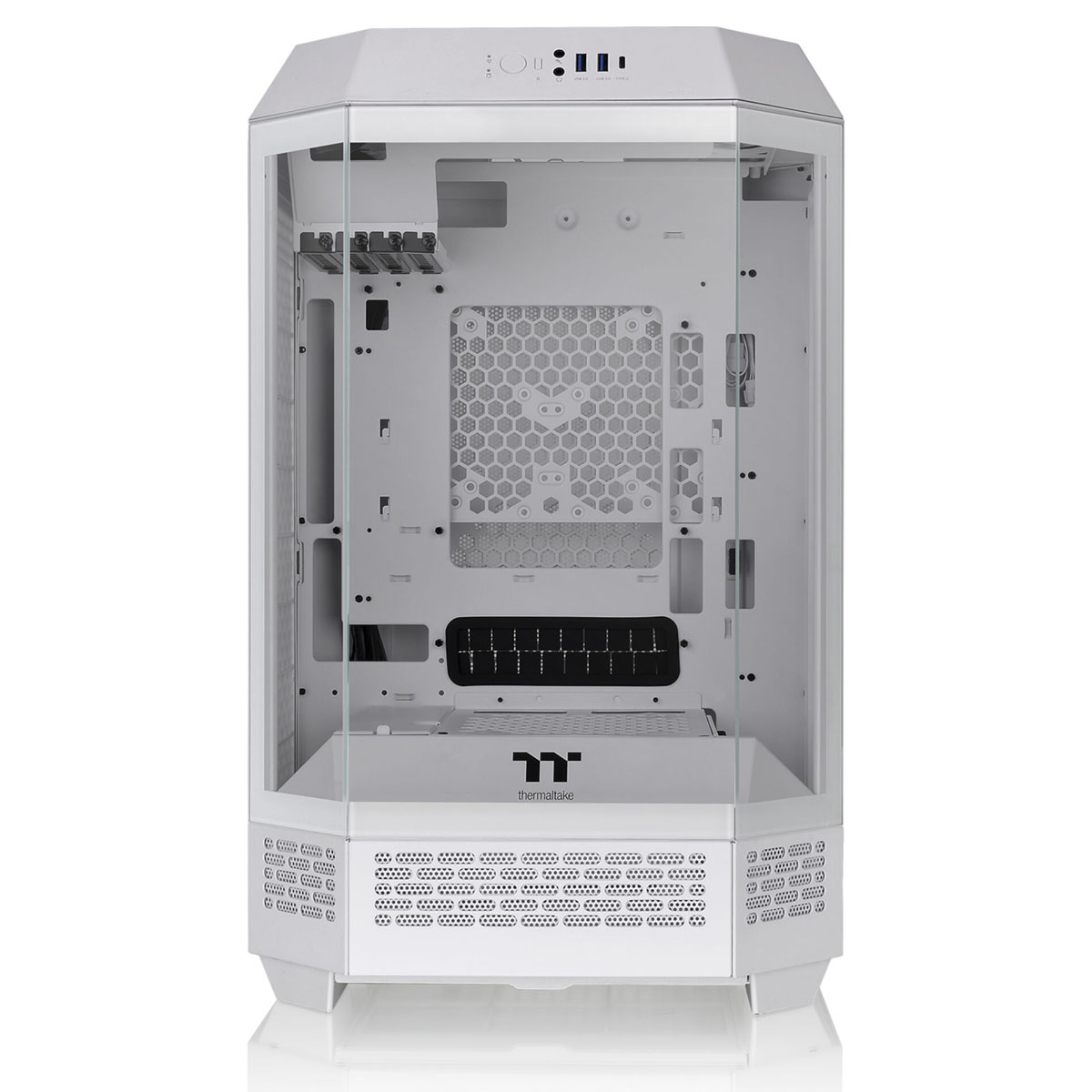 A white computer case with a glass side panel. The case has a hexagonal shape. The front has a honeycomb pattern.