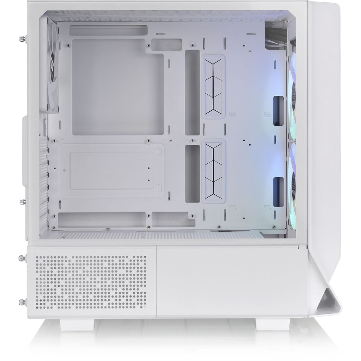 Ein weißes Computergehäuse-Inneres. Es hat mehrere Fächer, Lüftungslöcher und zwei Lüfter mit bunten Lichtern. Das Gehäuse ist leer.