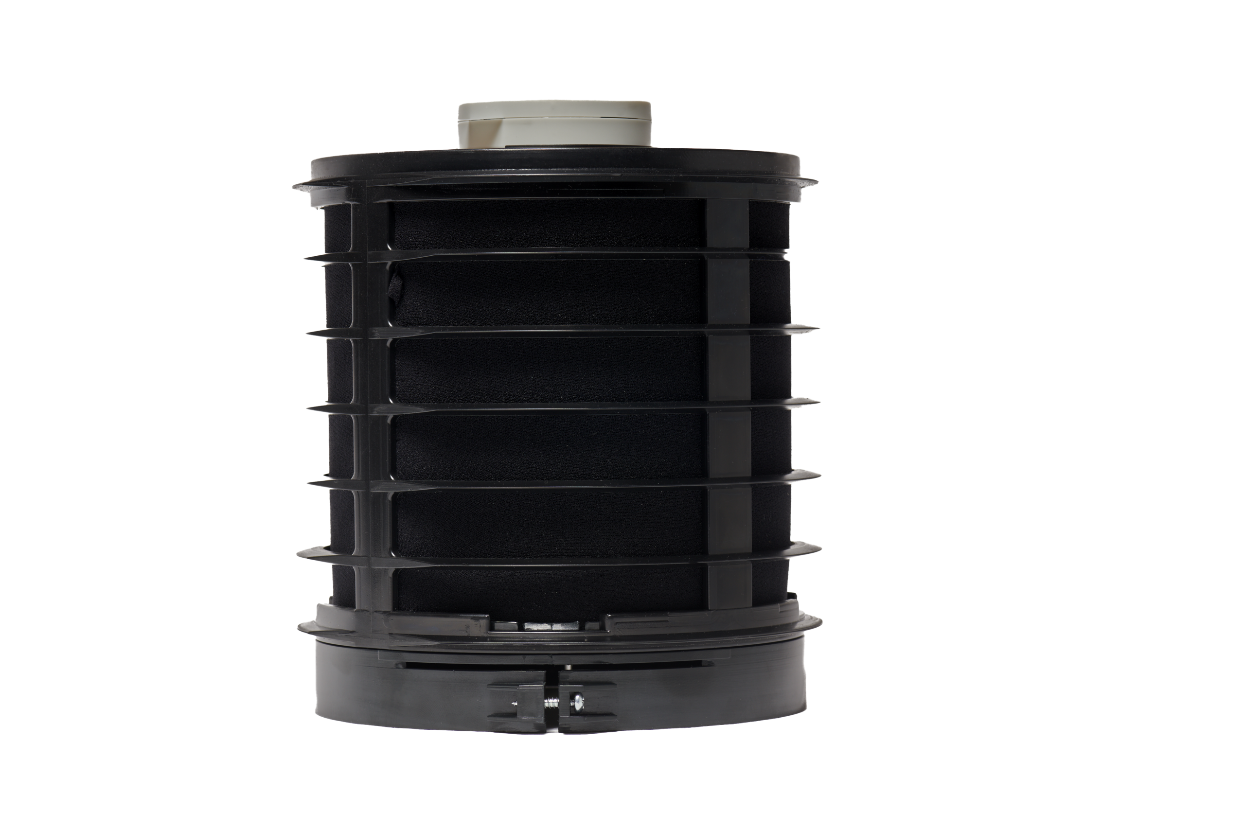 A cylindrical black air filter with a white top against a black background. It has several horizontal ribs.