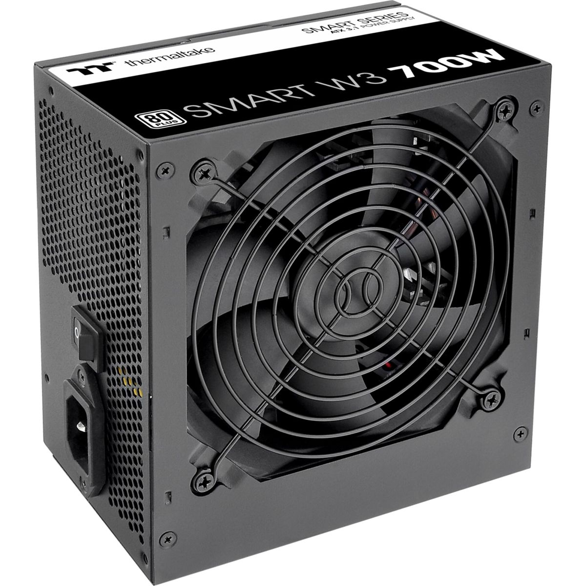 Czarny zasilacz Thermaltake Smart W3 700W. Ma wentylator z kratką ochronną i logo 80 Plus.