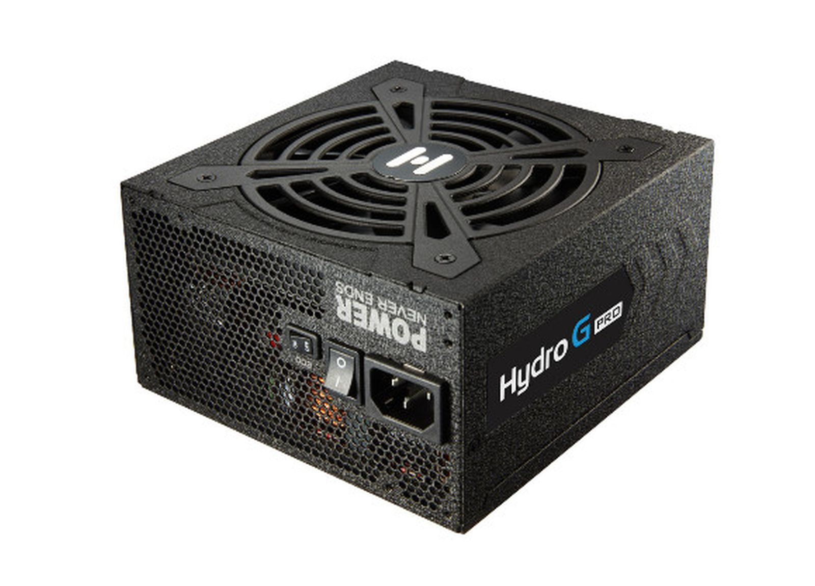 Un alimentatore per computer nero. Ha una ventola sopra, testo 'POWER NEVER ENDS' e 'Hydro G PRO' sul lato.