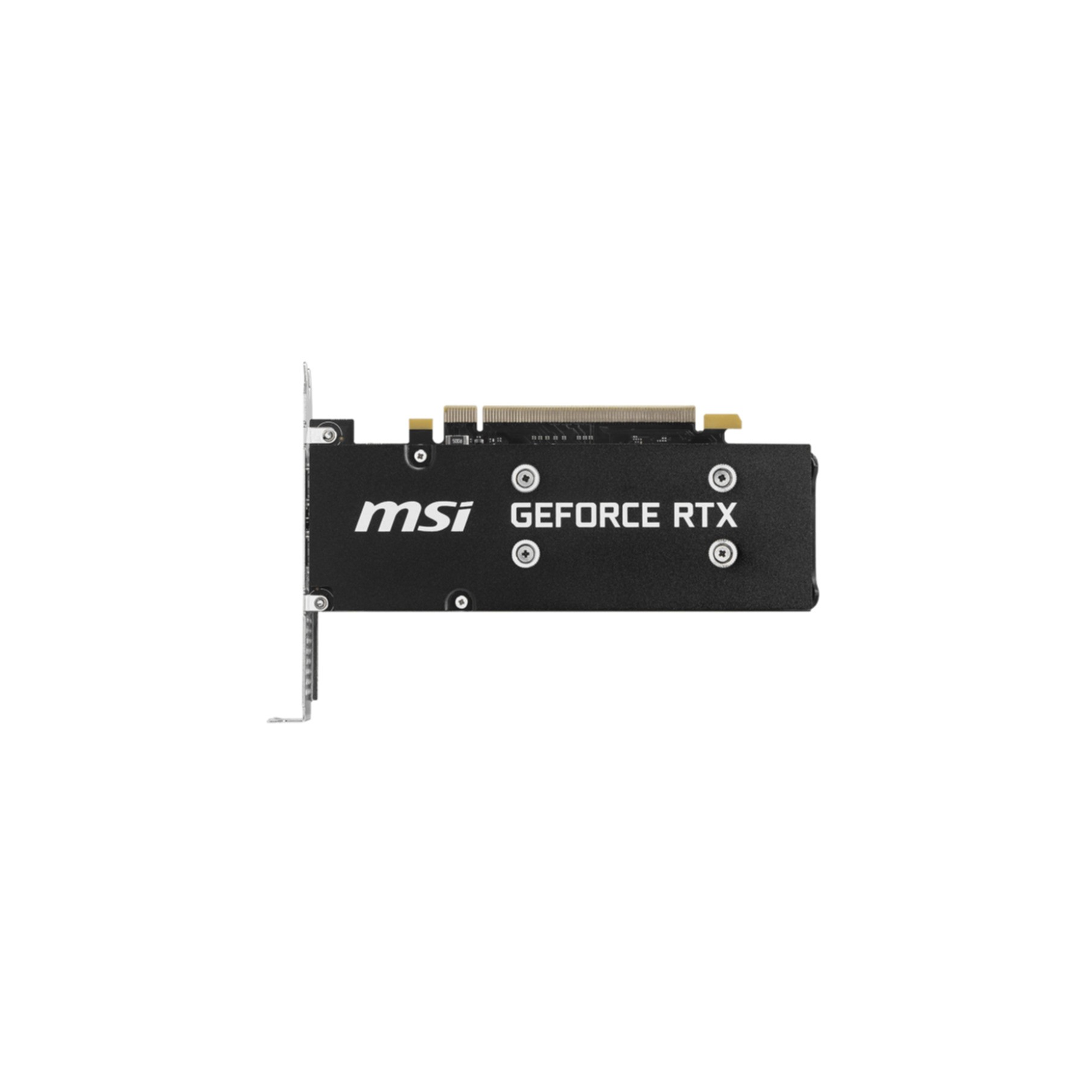 Czarna karta graficzna MSI GeForce RTX jest pokazana na białym tle. Karta jest zorientowana poziomo.