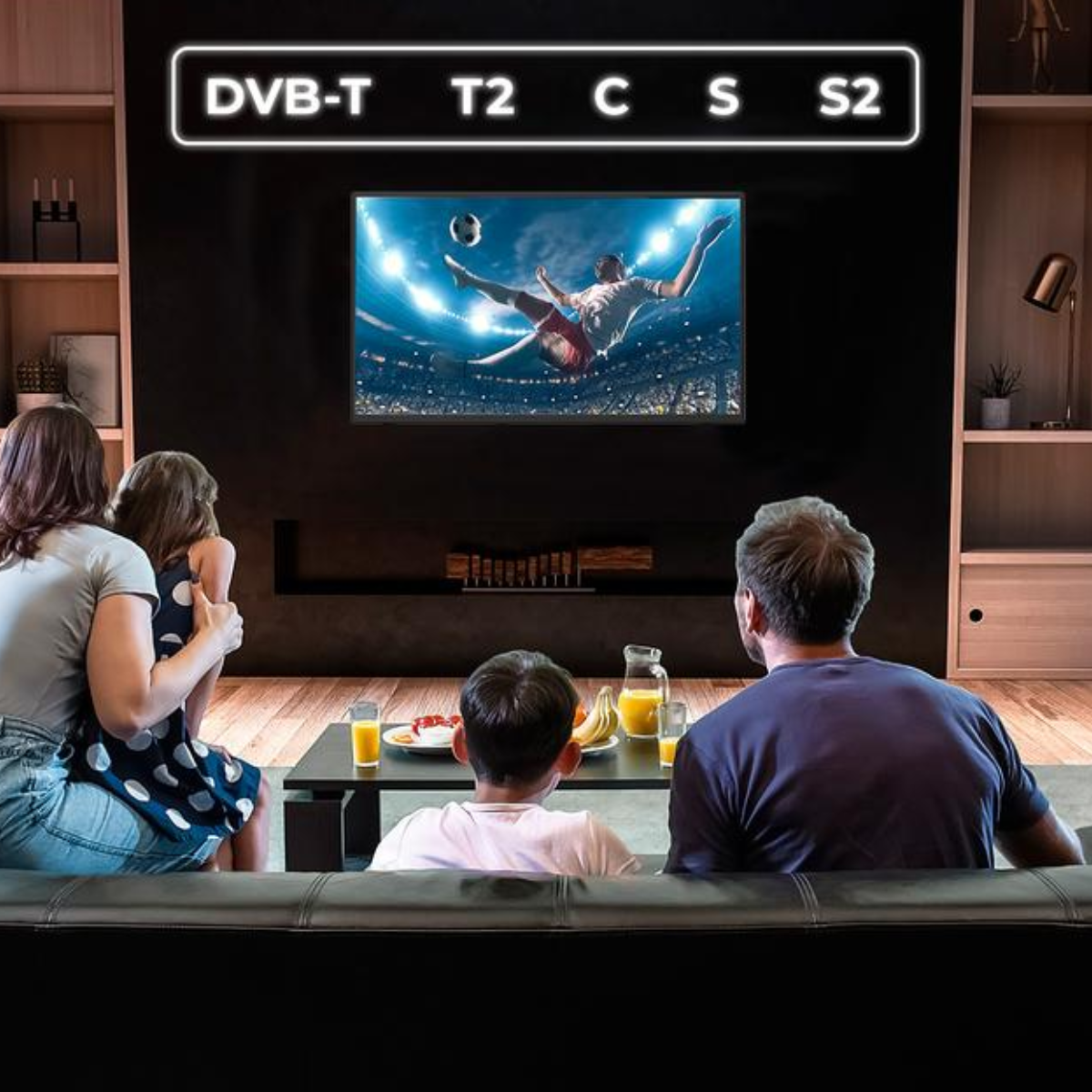 Familia viendo fútbol en TV. Pared negra con etiquetas DVB-T, T2, C, S, S2. Mesa con jugo, fruta y bocadillos.