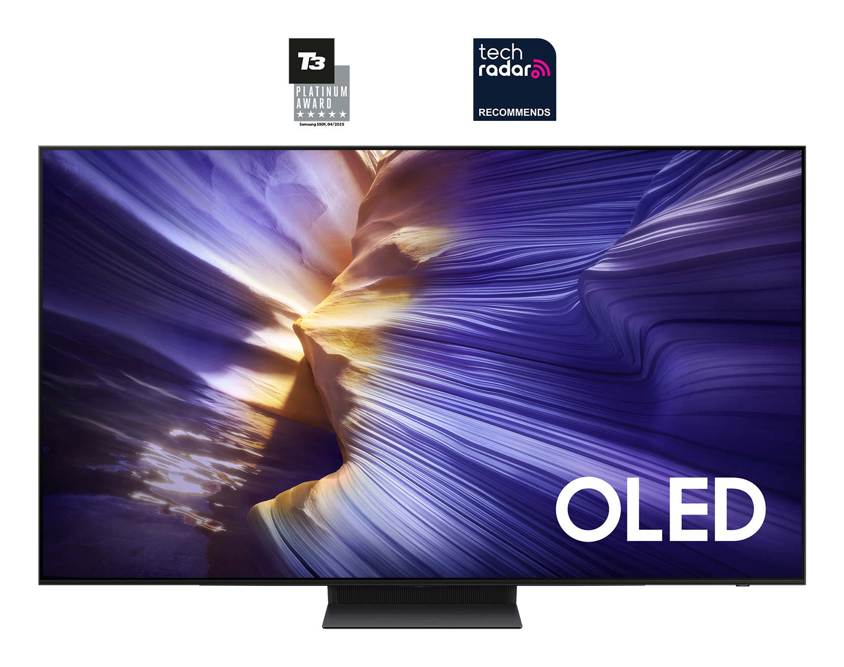 A large OLED TV with a wave-like background. Top has T3 and TechRadar logos. The word OLED is in large white letters.