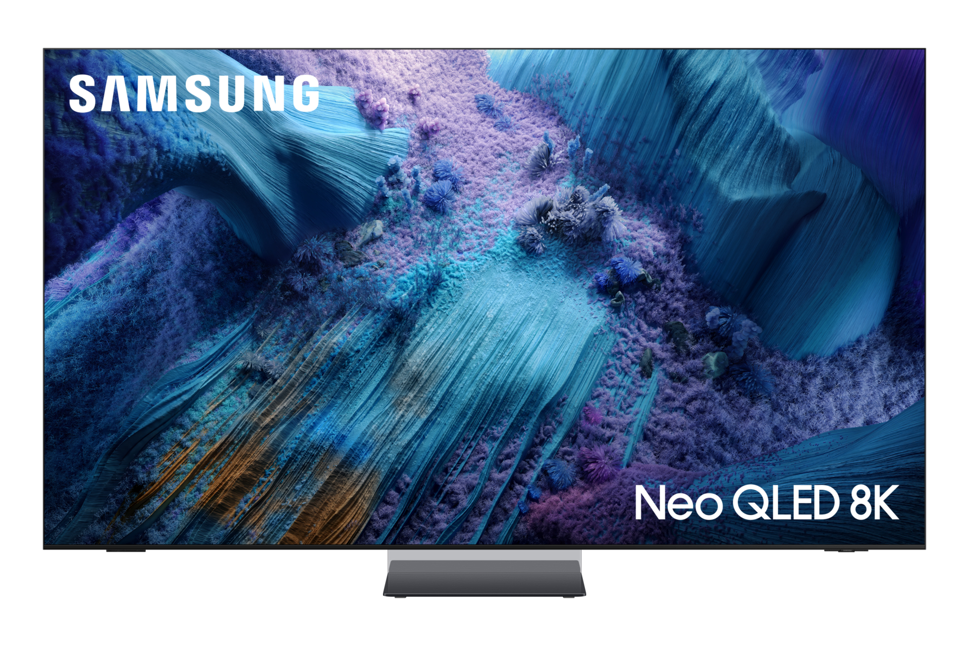 Telewizor Samsung Neo QLED 8K. Wyświetlacz pokazuje surrealistyczny krajobraz z niebieskimi i fioletowymi odcieniami oraz logo Samsung.