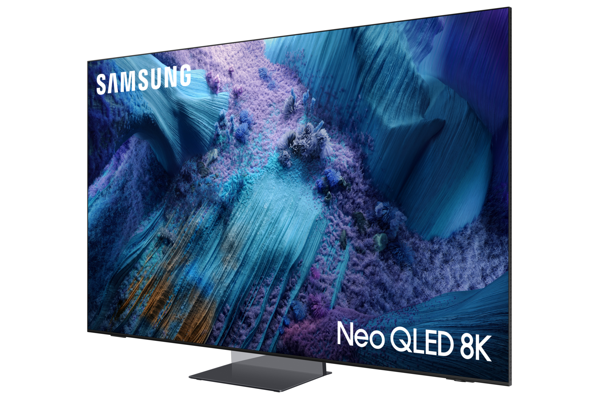 Telewizor Samsung Neo QLED 8K wyświetla kolorowy, abstrakcyjny obraz. Telewizor stoi na szarej podstawie, widoczna jest nazwa marki.