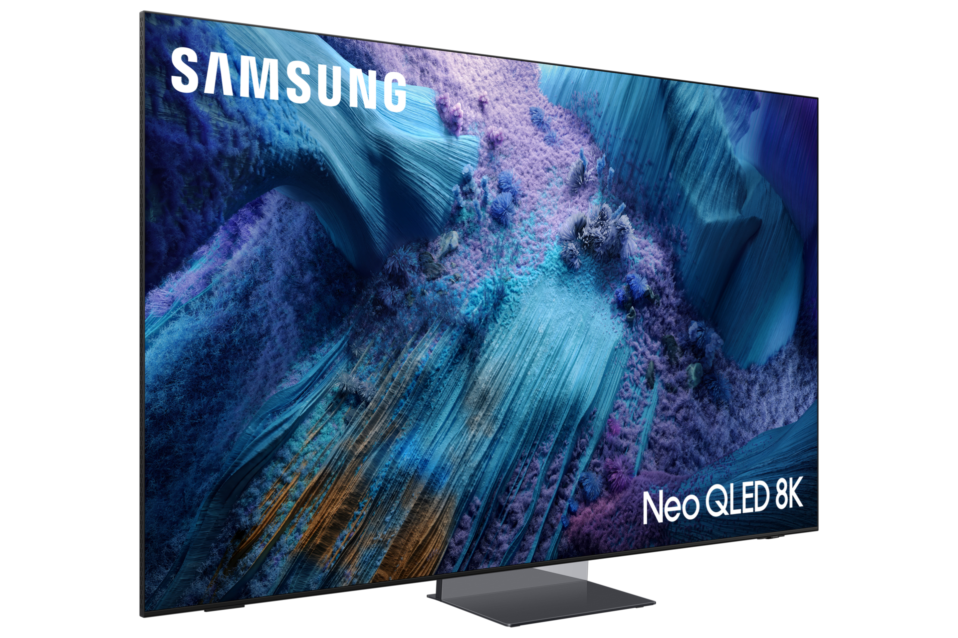 Telewizor Samsung Neo QLED 8K. Ekran wyświetla abstrakcyjny, niebiesko-fioletowy krajobraz. Telewizor stoi na ciemnoszarej podstawie.