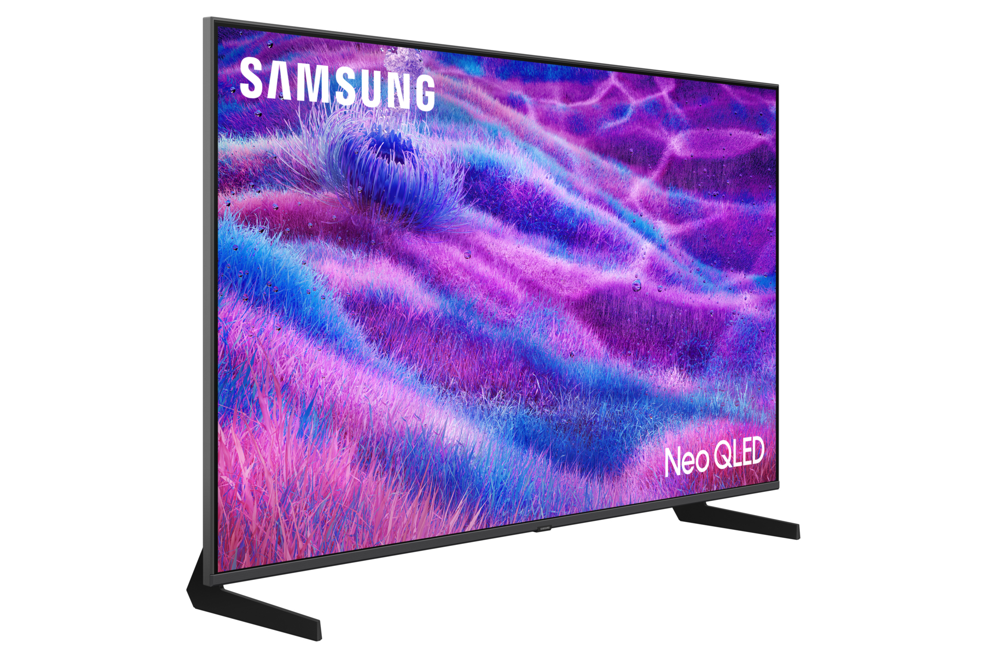 A Samsung Neo QLED TV displays a colorful abstract image. The TV is black with angled legs and the Samsung logo is visible.