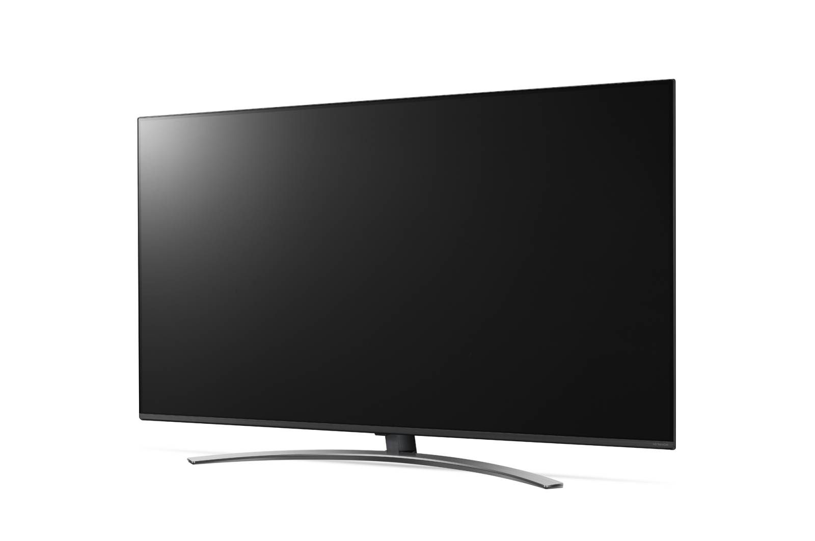 Un televisor grande, negro, con pantalla curva sobre un fondo blanco. Tiene un soporte plateado y curvo.