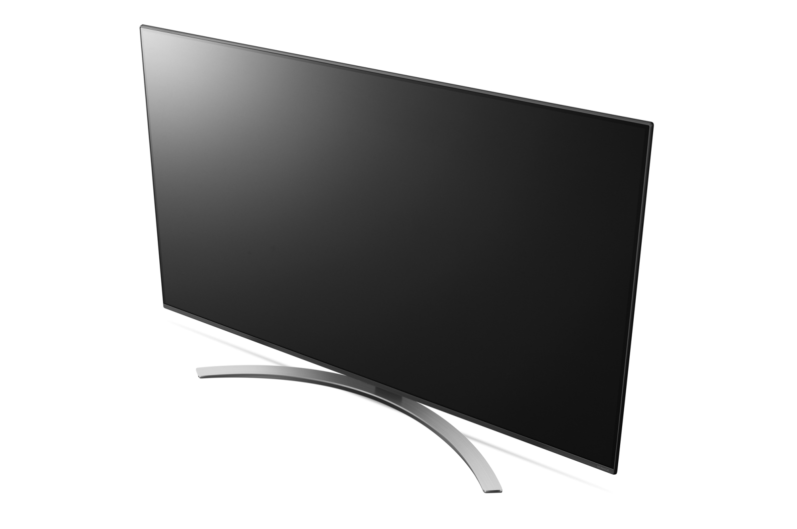 Un televisor negro grande y curvo sobre un fondo blanco. Tiene un soporte plateado y curvo. La pantalla está apagada.