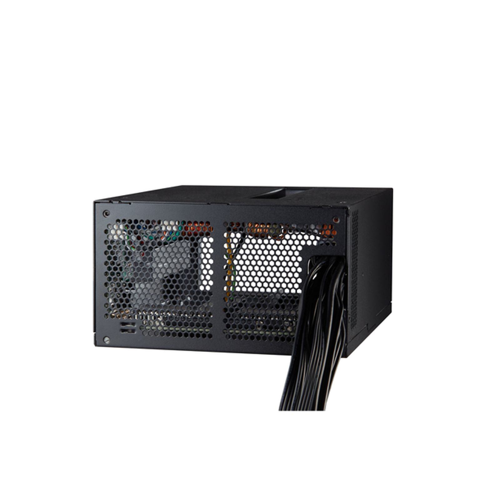 Ein schwarzes Computer-Netzteil. Es hat ein Mesh-Gitter und ein Bündel schwarzer Kabel.