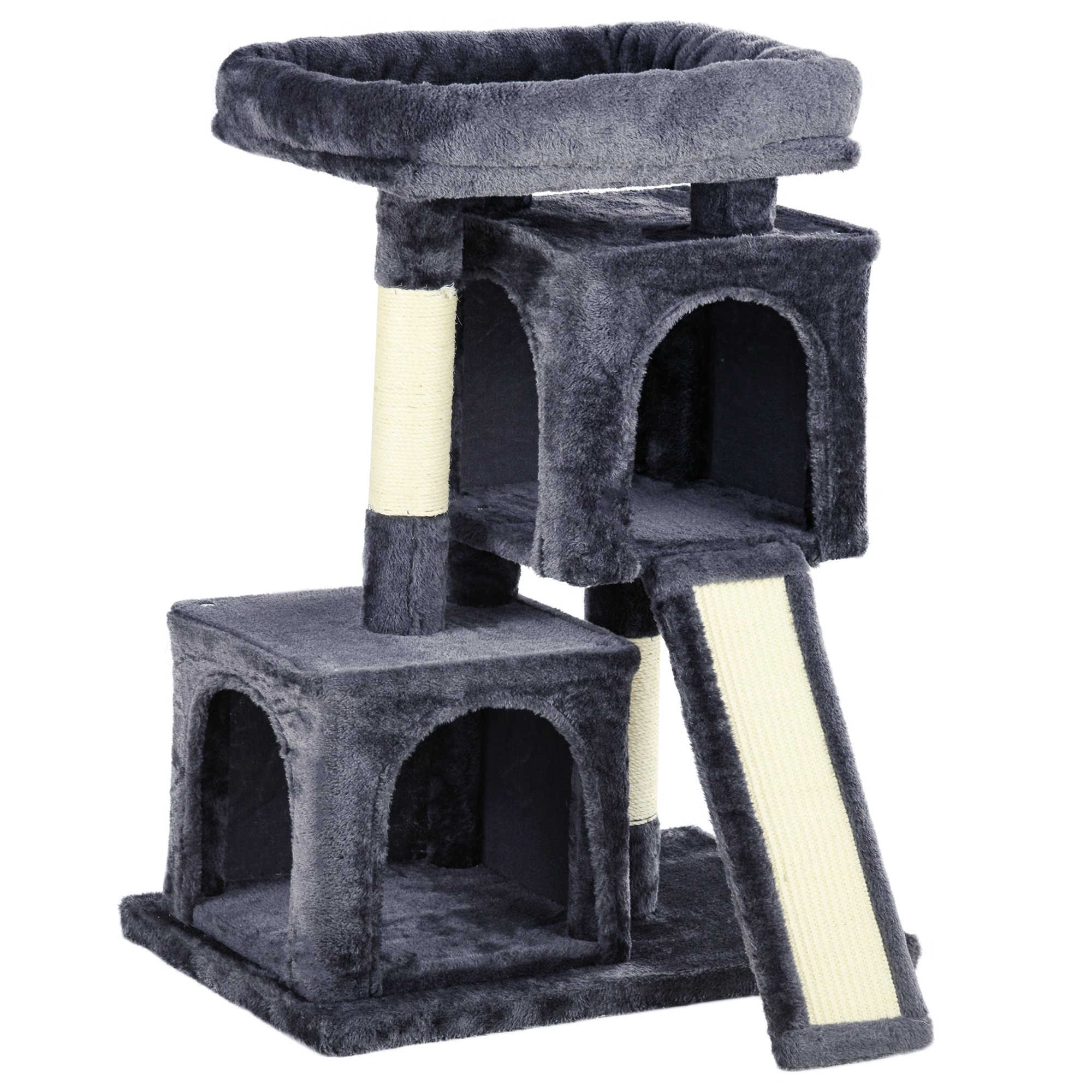 Un albero per gatti grigio con più livelli, tunnel e una rampa. I pali sono avvolti in sisal beige.