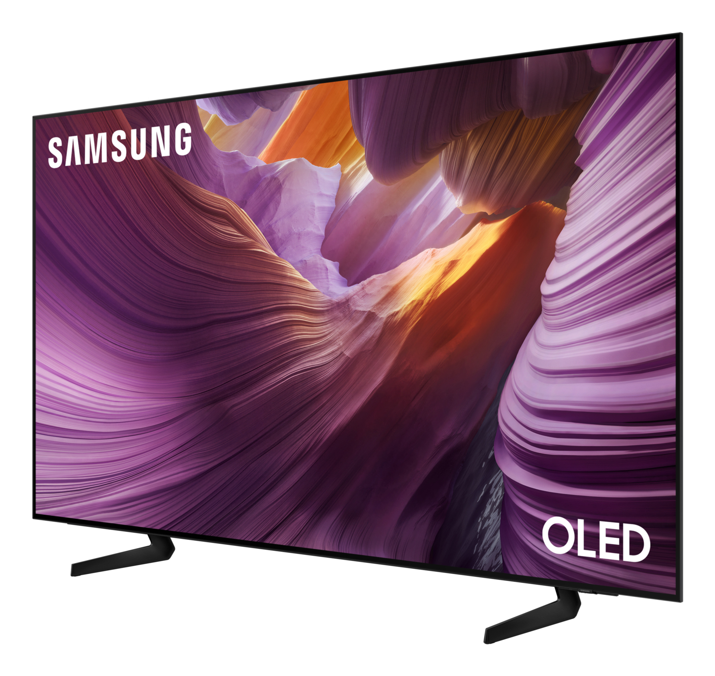 TV OLED Samsung. Lo schermo mostra un'immagine astratta e colorata. La TV è nera, con gambe nere e il logo OLED.
