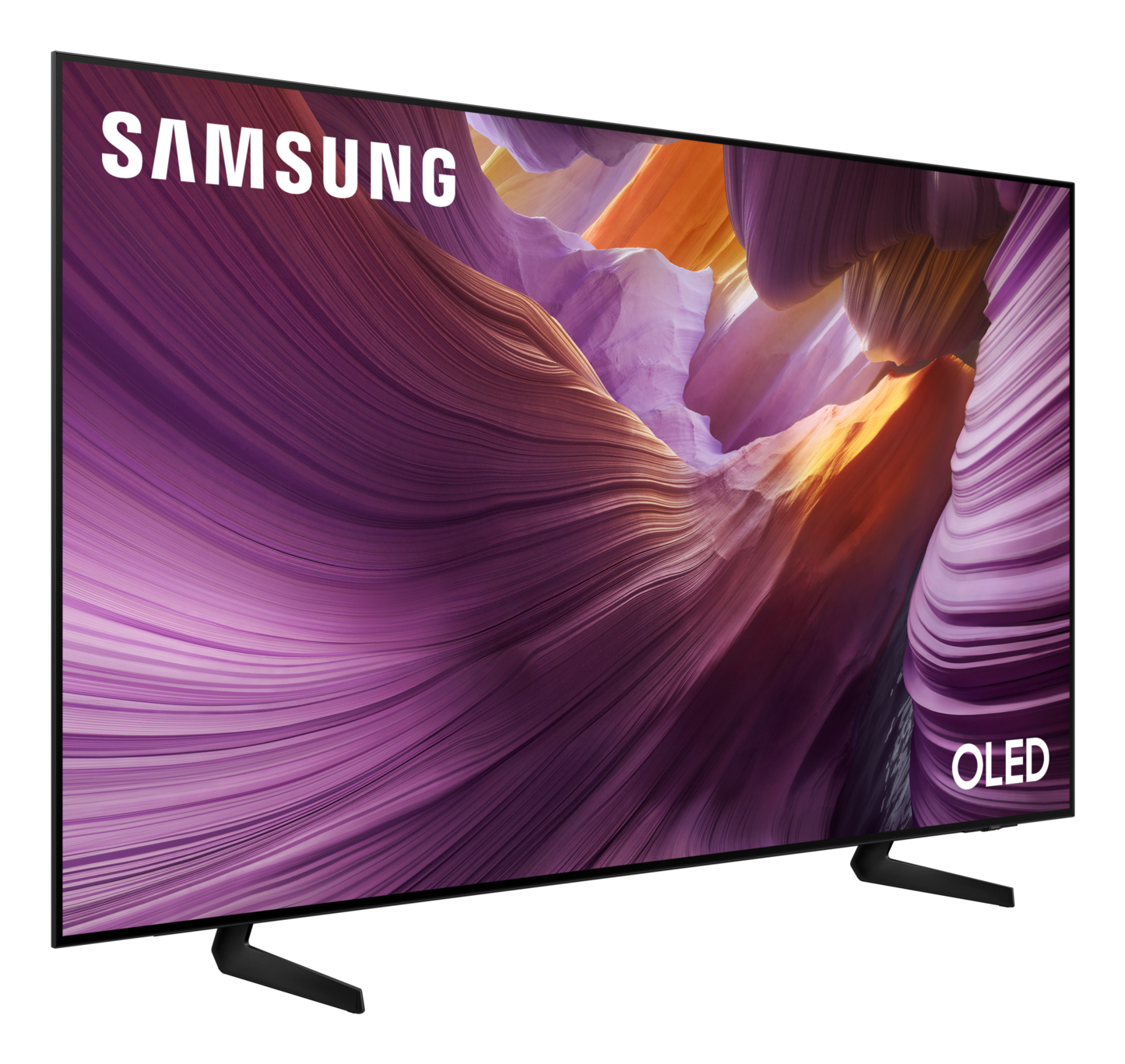 Un televisore OLED Samsung mostra un paesaggio ondulato in viola, arancione e bianco. La TV è su un supporto nero.