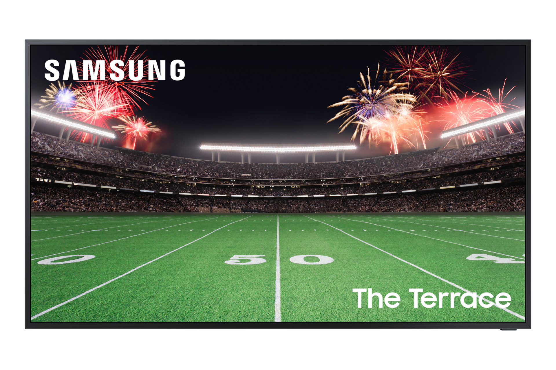 TV Samsung mostra un campo da football con fuochi d'artificio sopra uno stadio. Testo The Terrace in basso.