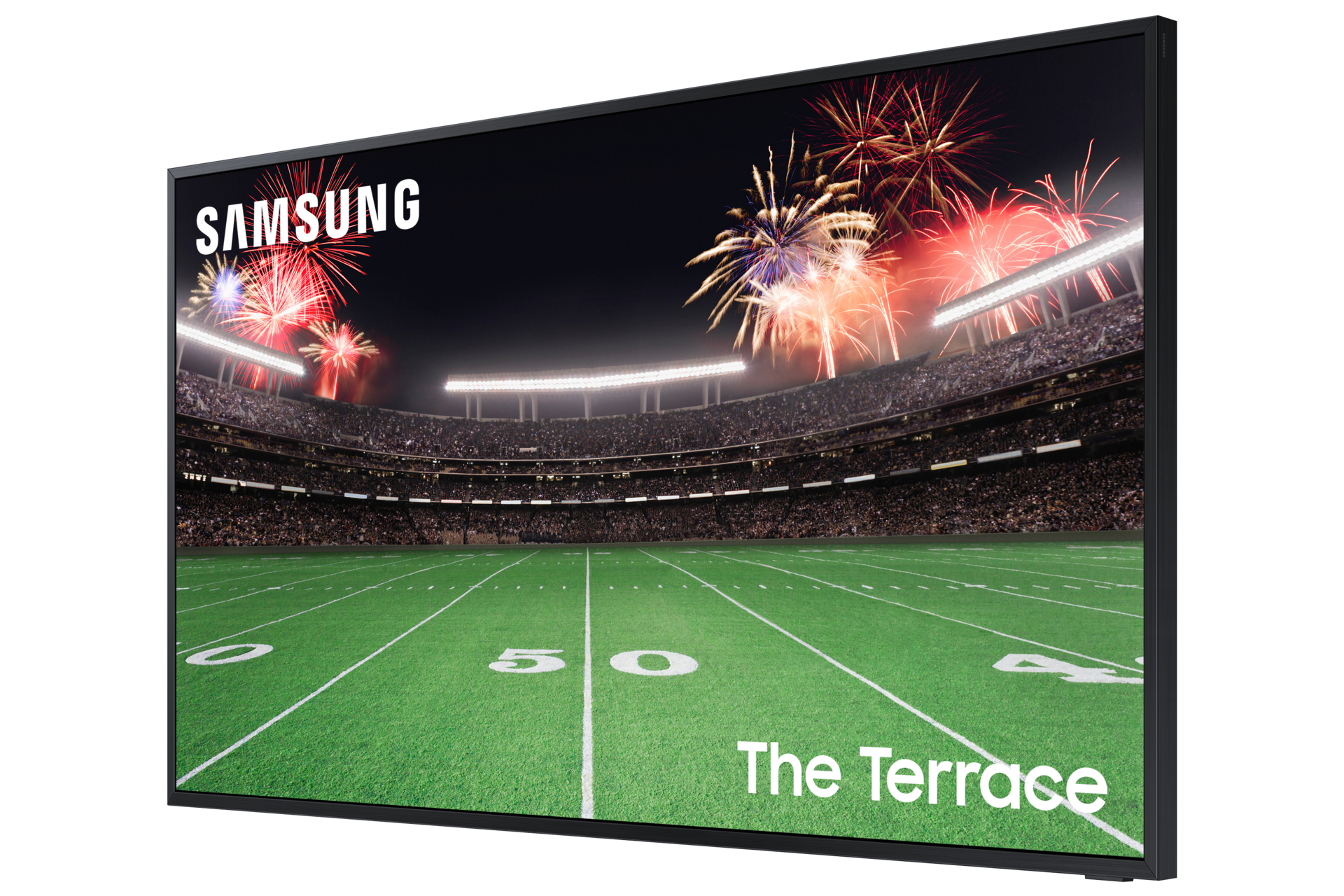 TV Samsung con un campo da football e fuochi d'artificio in uno stadio. In basso c'è scritto The Terrace.