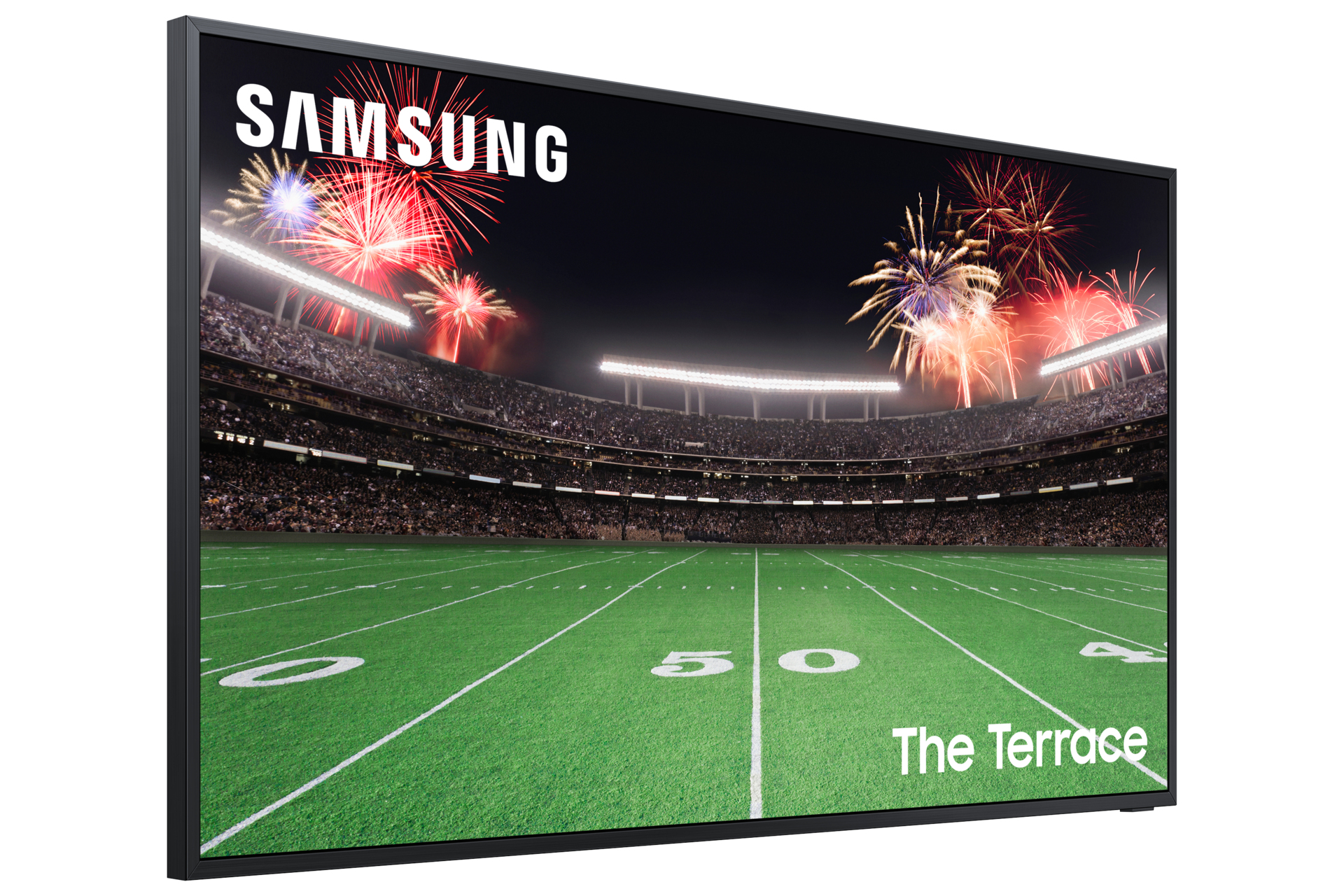 La TV Samsung mostra un campo da football con fuochi d'artificio sopra uno stadio. C'è scritto The Terrace.