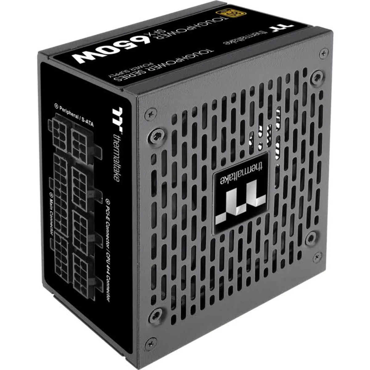 Una fuente de alimentación gris Thermaltake Toughpower SFX 650W. Tiene conectores en el lateral y un logotipo en la parte delantera. Tiene un lado perforado.
