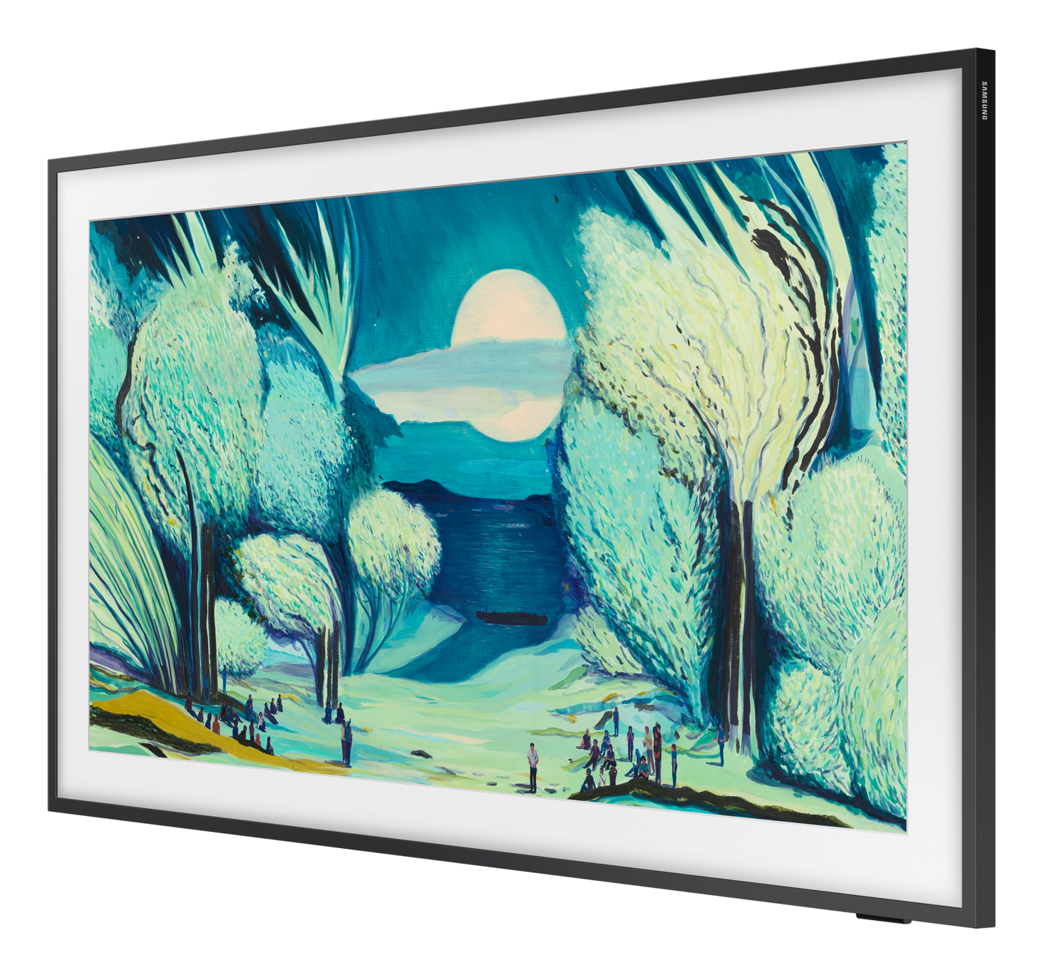 Obraz księżycowego krajobrazu. Drzewa i postacie na pierwszym planie, z dużym księżycem i wodą w tle.