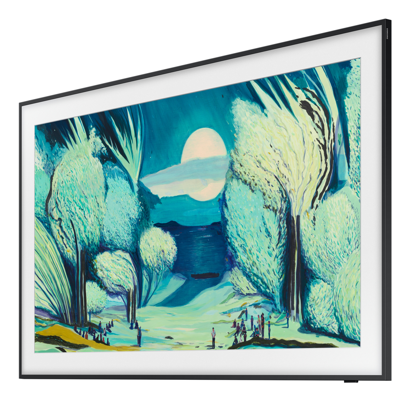 A framed painting of a moonlit landscape with trees and figures. The color palette is dominated by blues and greens.