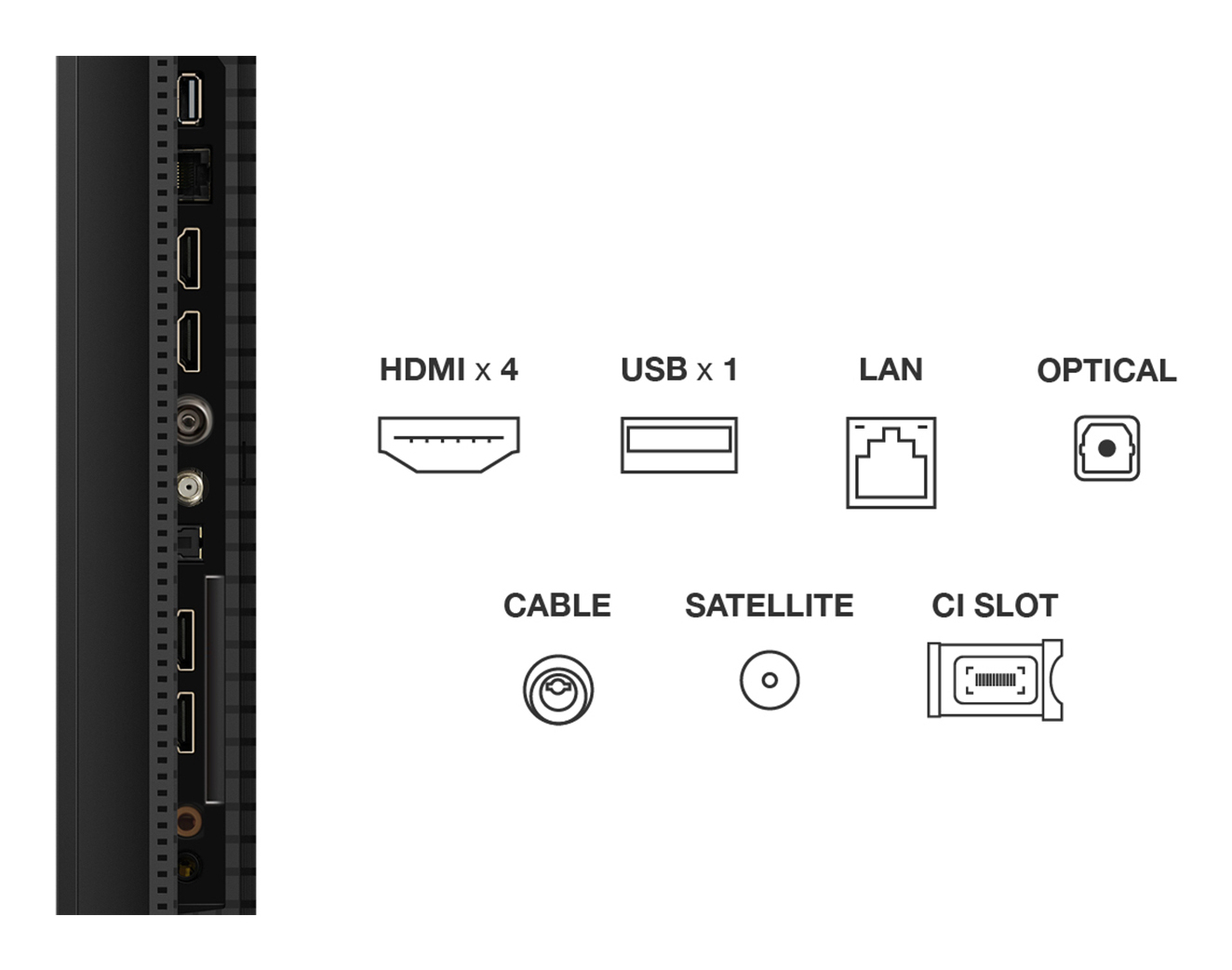 Porte TV: HDMI x4, USB x1, LAN, Ottica, Cavo, Satellite, Slot CI. Il lato sinistro della TV mostra varie porte.