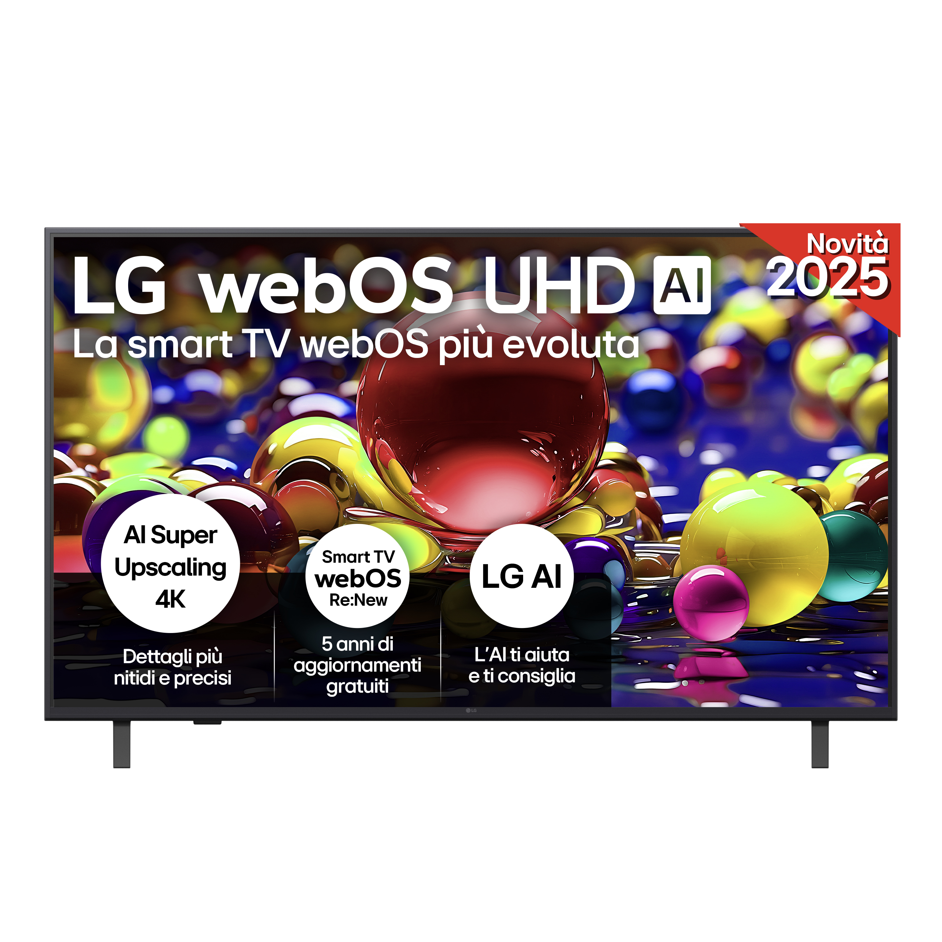 Smart TV LG con webOS. Caratteristiche: AI, upscaling 4K e 5 anni di aggiornamenti gratuiti.