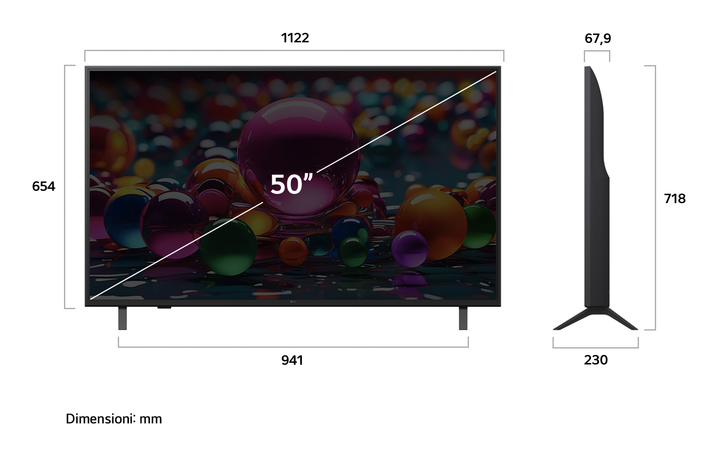 Una TV da 50 pollici con dimensioni. Lo schermo mostra sfere colorate. Dimensioni in mm.