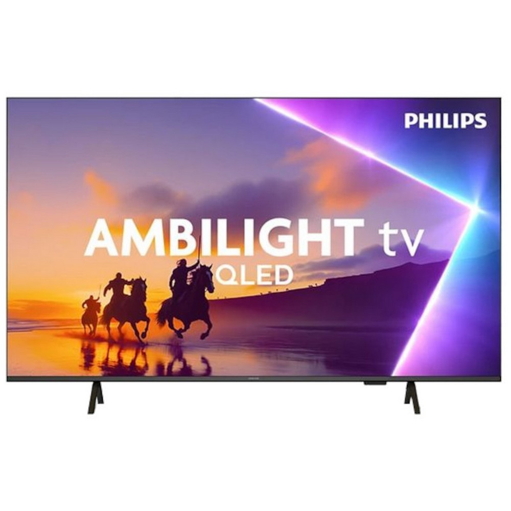 TV Philips Ambilight. Silhouette di cavalieri a cavallo contro un tramonto. Tecnologia QLED.
