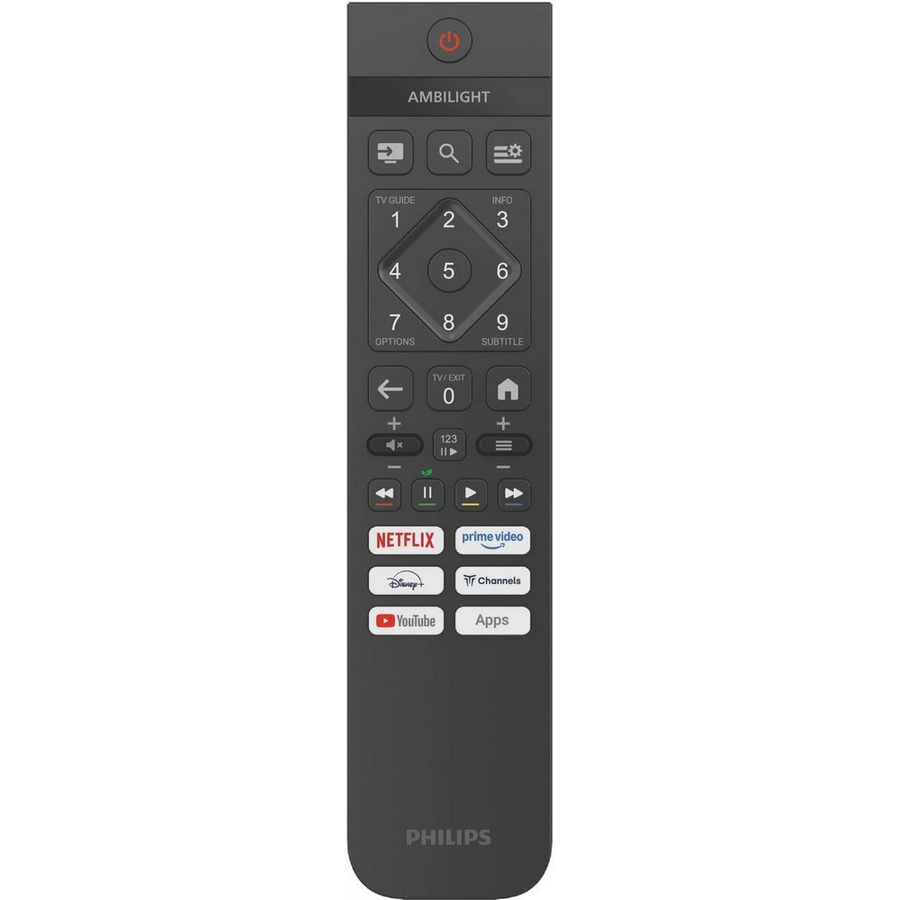 Un telecomando Philips grigio scuro. Ha pulsanti per accensione, volume, canali, Netflix, Prime Video e altre app di streaming.