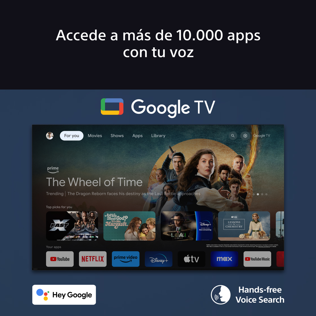 Interfejs Google TV z filmami i aplikacjami. Zawiera opcje dla Youtube, Netflix, Prime Video, Disney+ i innych.