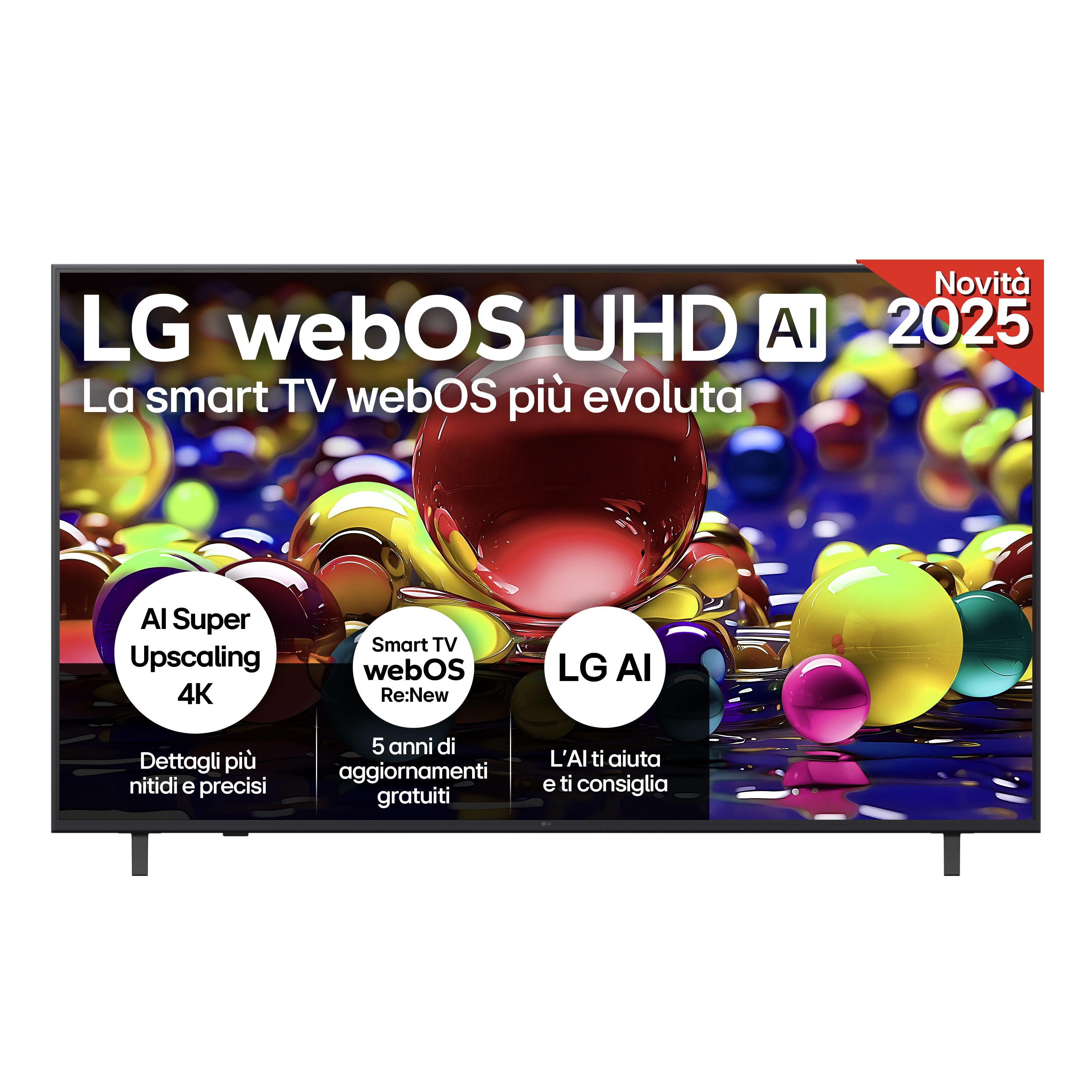 TV LG con webOS, UHD e IA. Caratteristiche: upscaling 4K, IA e 5 anni di aggiornamenti, con sfere colorate.