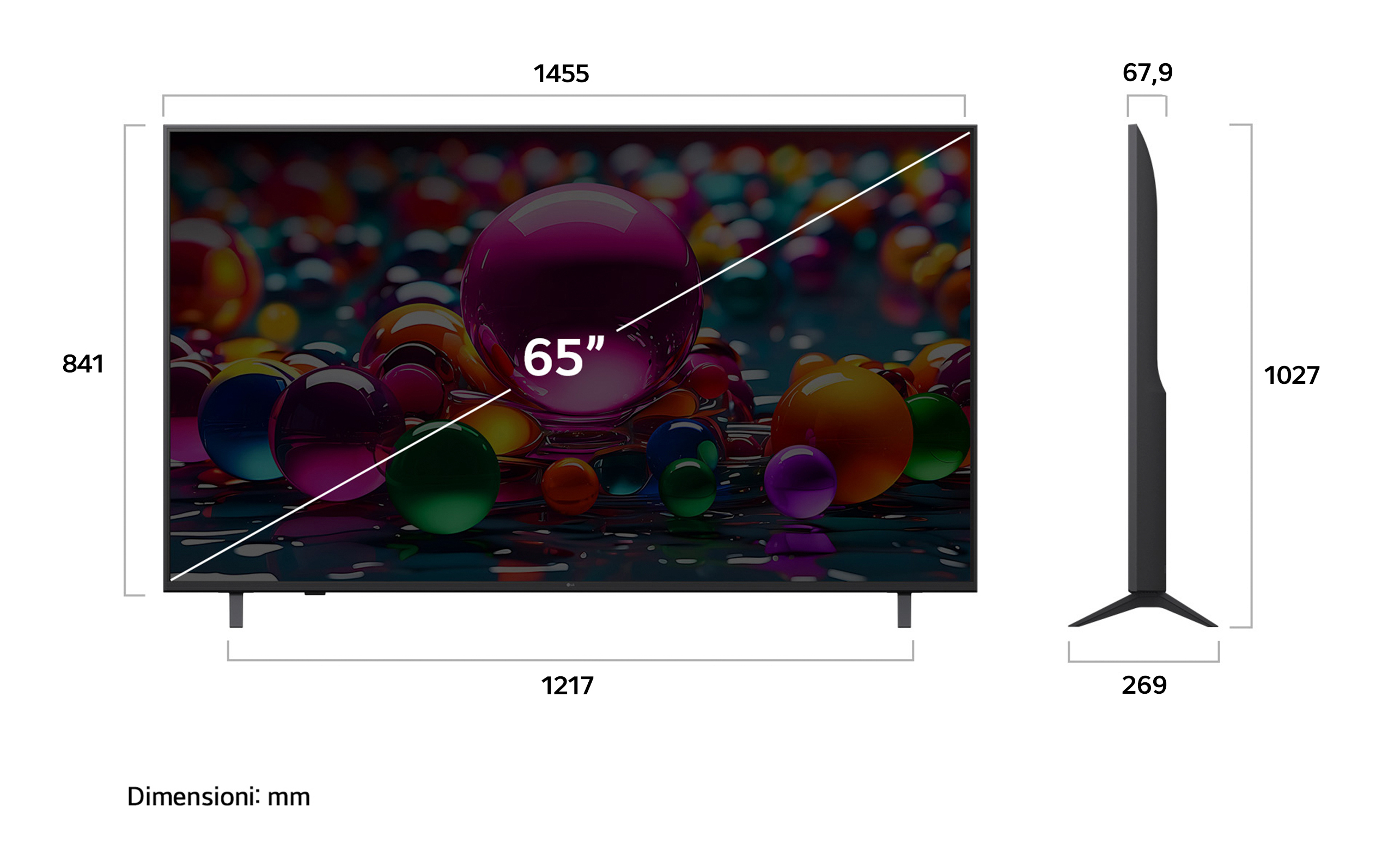 Una TV da 65 pollici con sfere colorate sullo schermo. Dimensioni: 1455x841x67,9x1027x269 mm.