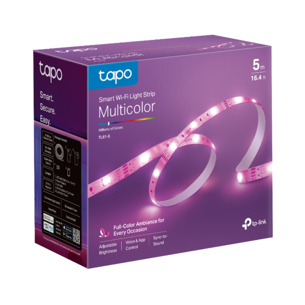 Pudełko paska świetlnego Tapo Smart Wi-Fi. Pudełko jest fioletowe, pokazując pasek świetlny. Tekst brzmi 'Multicolor', 'Smart' i 'tp-link'.