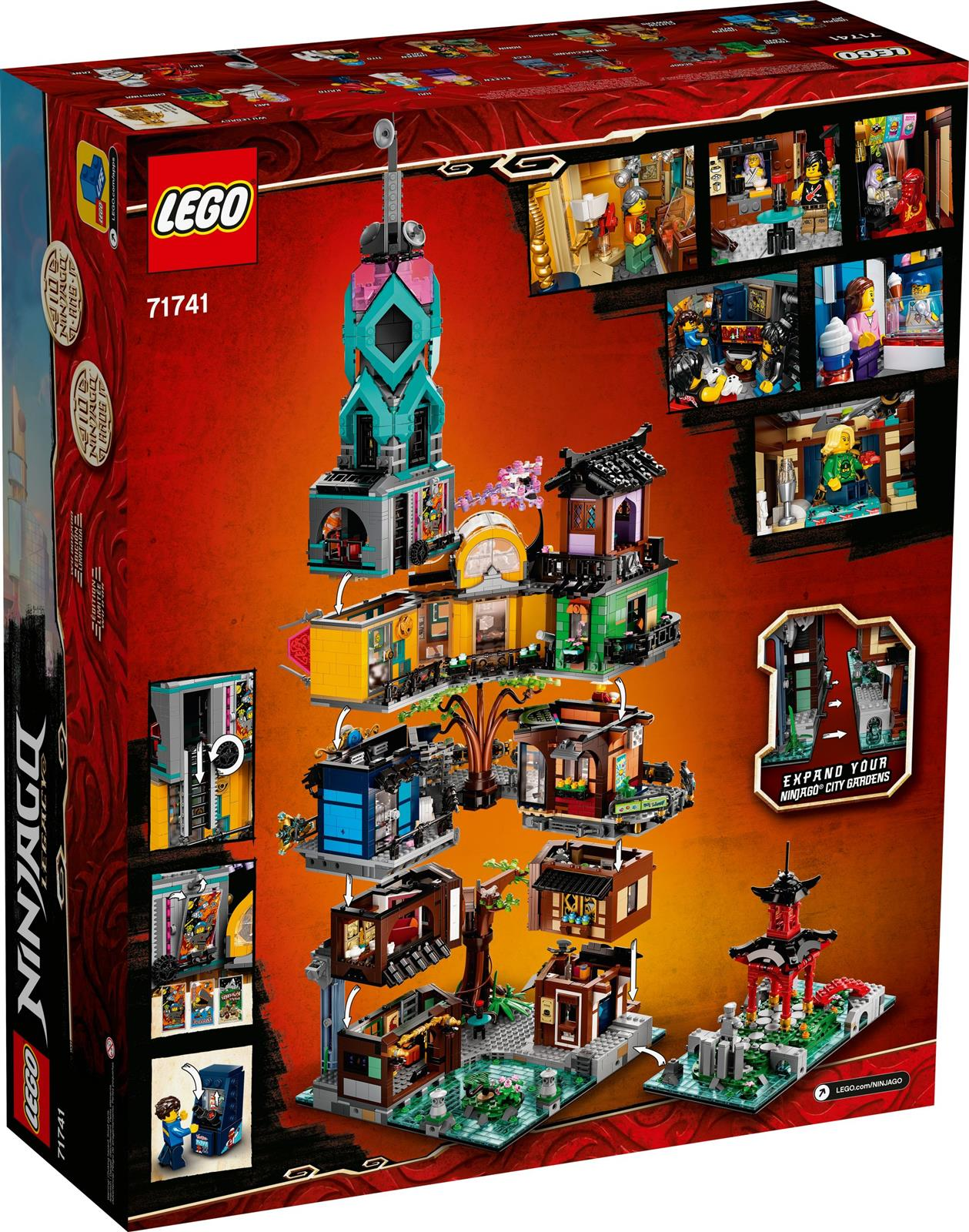 LEGO Ninjago Set-Box. Verfügt über ein mehrstöckiges Gebäude mit verschiedenen Geschäften und einer Pagode. Enthält Lego-Logo und Setnummer 71741.