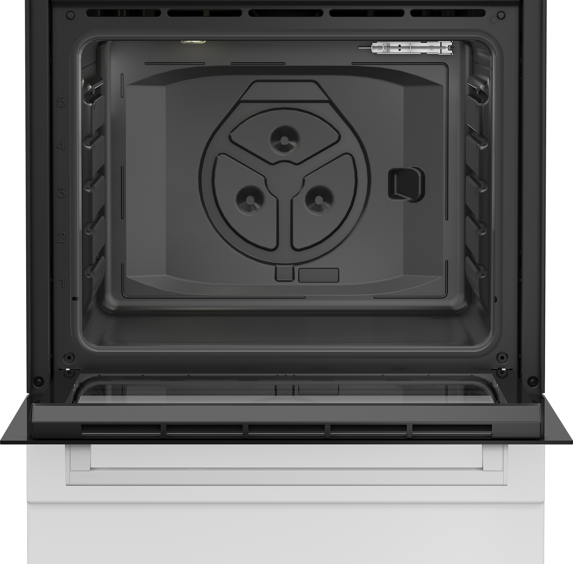 Un forno aperto. Interno nero con ventola ed elementi riscaldanti. Porta giù, esterno bianco.