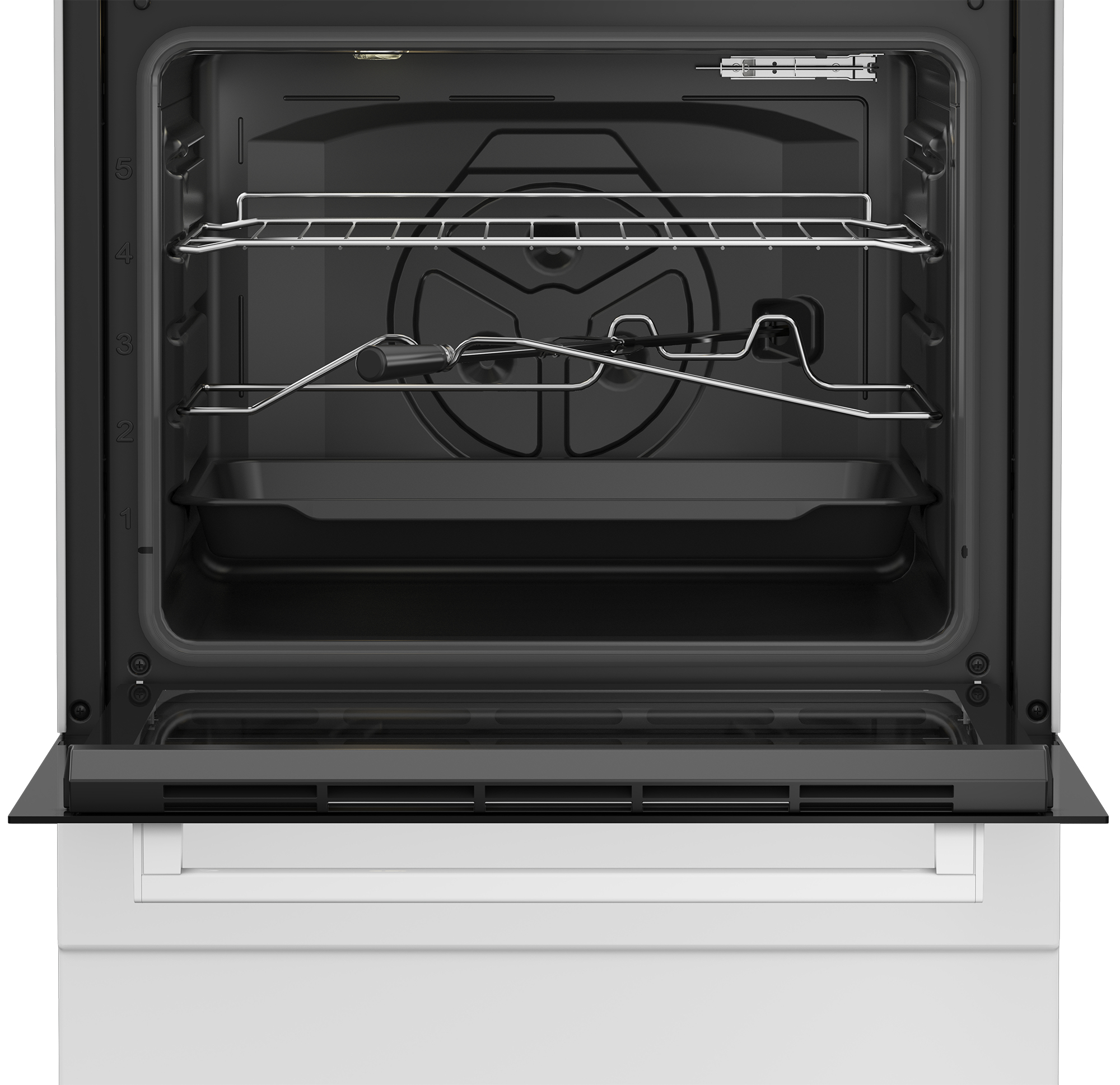 Interno forno aperto con griglie, vassoio ed elementi. Interno nero, esterno bianco. La porta è aperta.