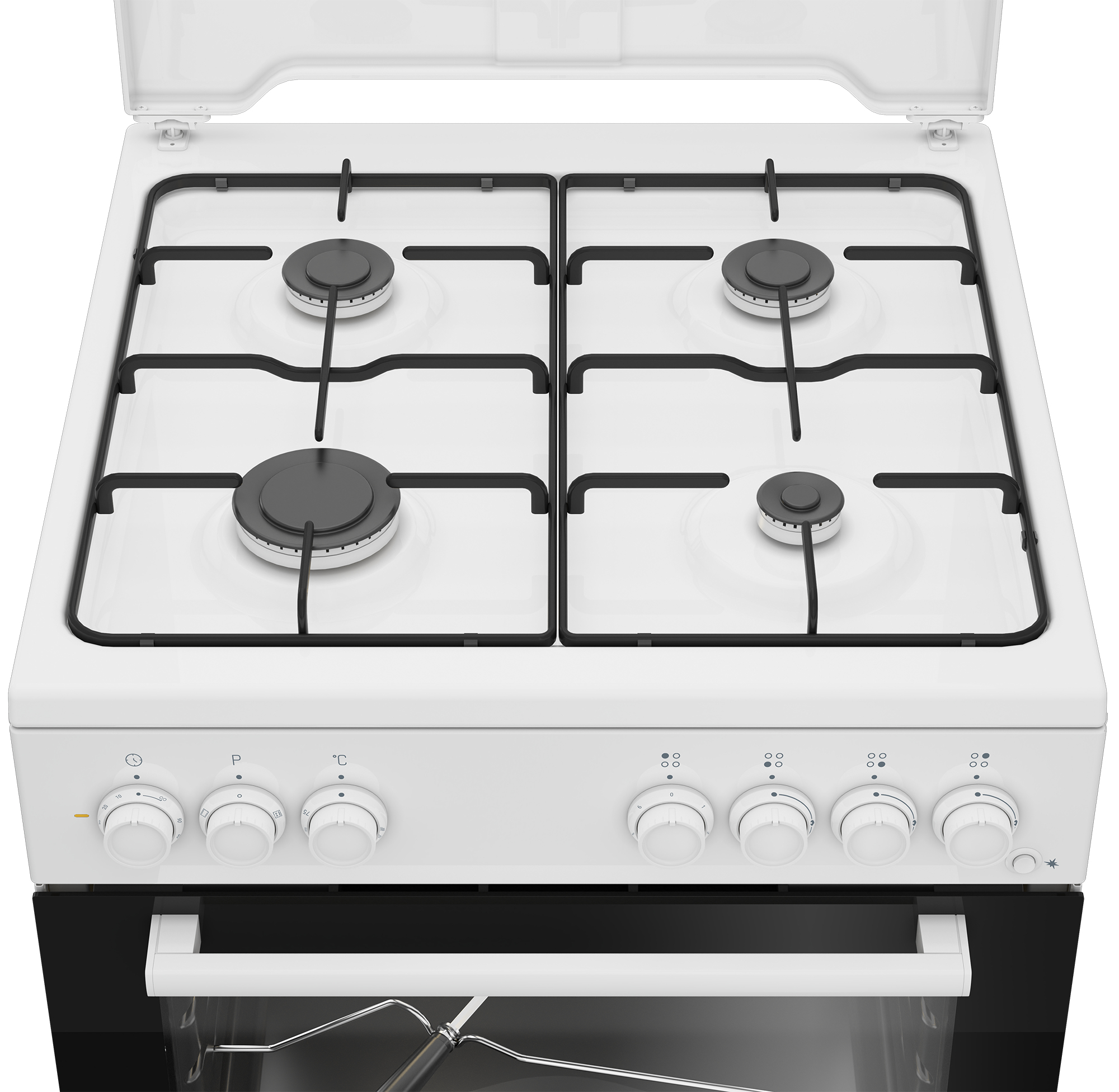 Un fornello bianco con quattro fuochi, griglie nere e manopole di controllo. La porta del forno è nera.
