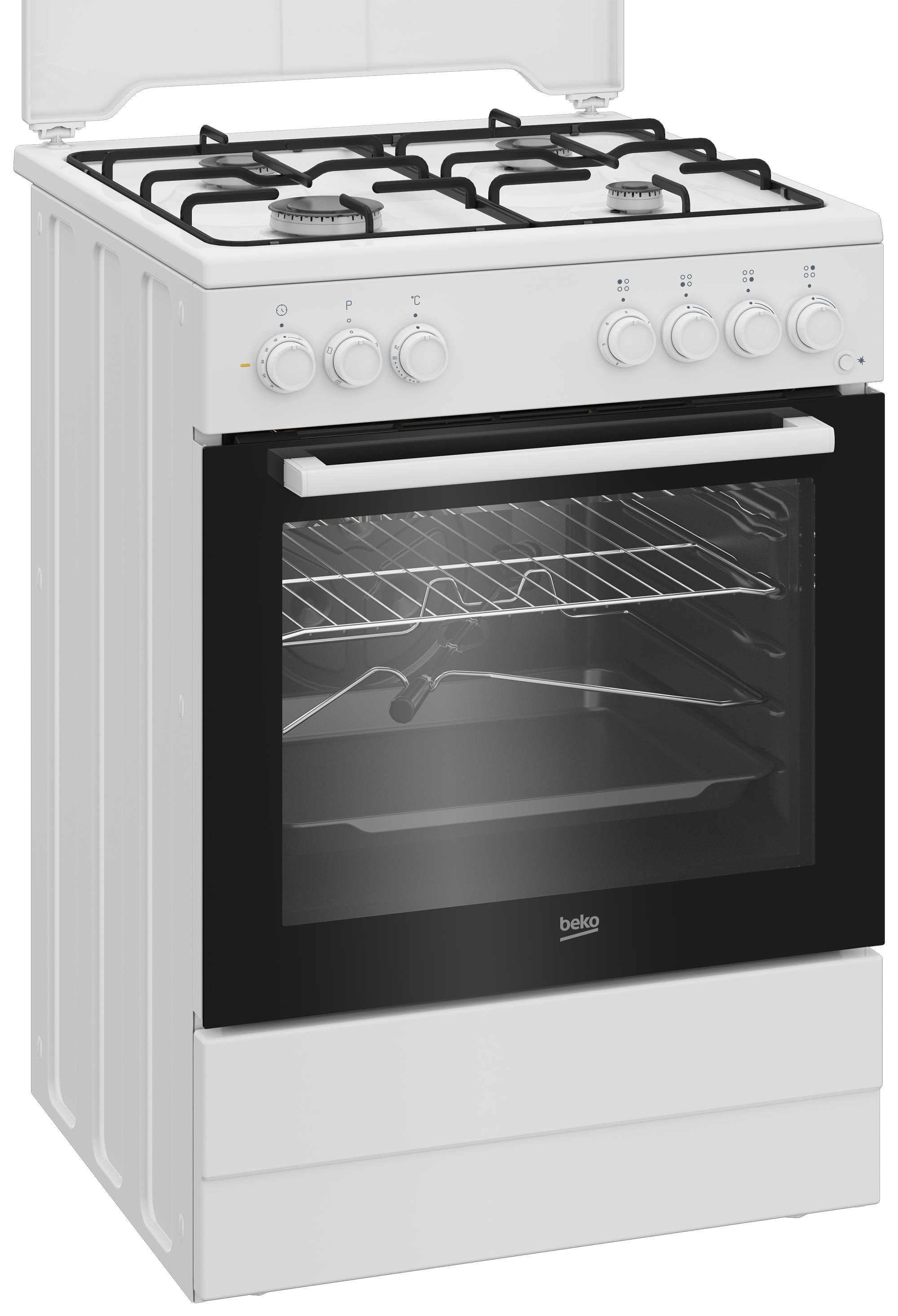 Una stufa Beko bianca. Ha una porta del forno in vetro nero, un piano cottura nero e manopole di controllo.
