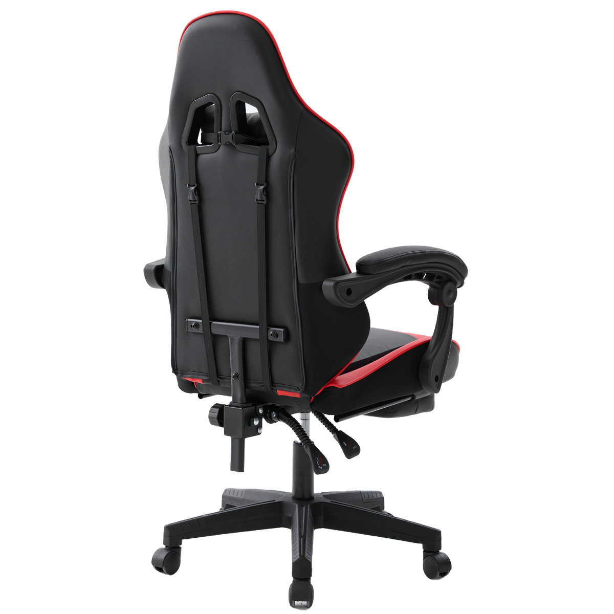 Ein schwarzer und roter Gaming-Stuhl. Er ist nach hinten geneigt und zeigt die Rückenlehne mit Riemen und roter Zierleiste, Armlehnen und ein schwarzes Untergestell.