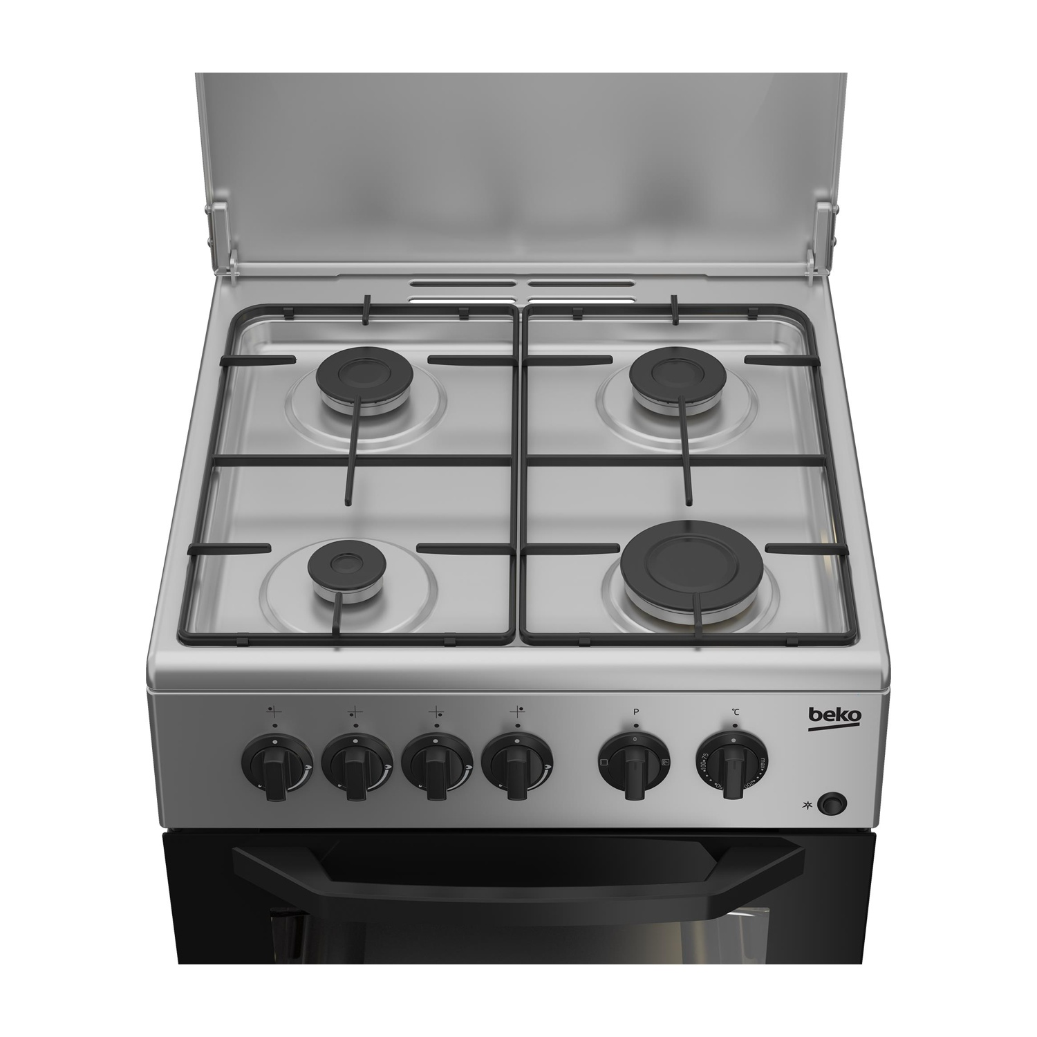 Un fornello a gas Beko in acciaio inossidabile. Ha quattro fuochi, manopole di controllo e un forno sottostante. Il coperchio è aperto.
