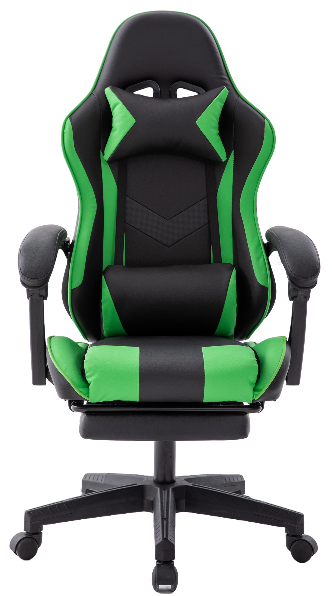 Gaming-Stuhl. Schwarz-grünes Farbschema. Verfügt über eine Kopfstütze, Lendenwirbelstütze, Armlehnen und ein Fünf-Sterne-Gestell mit Rädern.