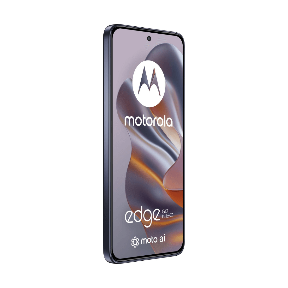 Telefon Motorola Edge 60 Neo wyświetla logo Motorola, tekst Edge 60 Neo i tekst Moto AI na tle gradientu.