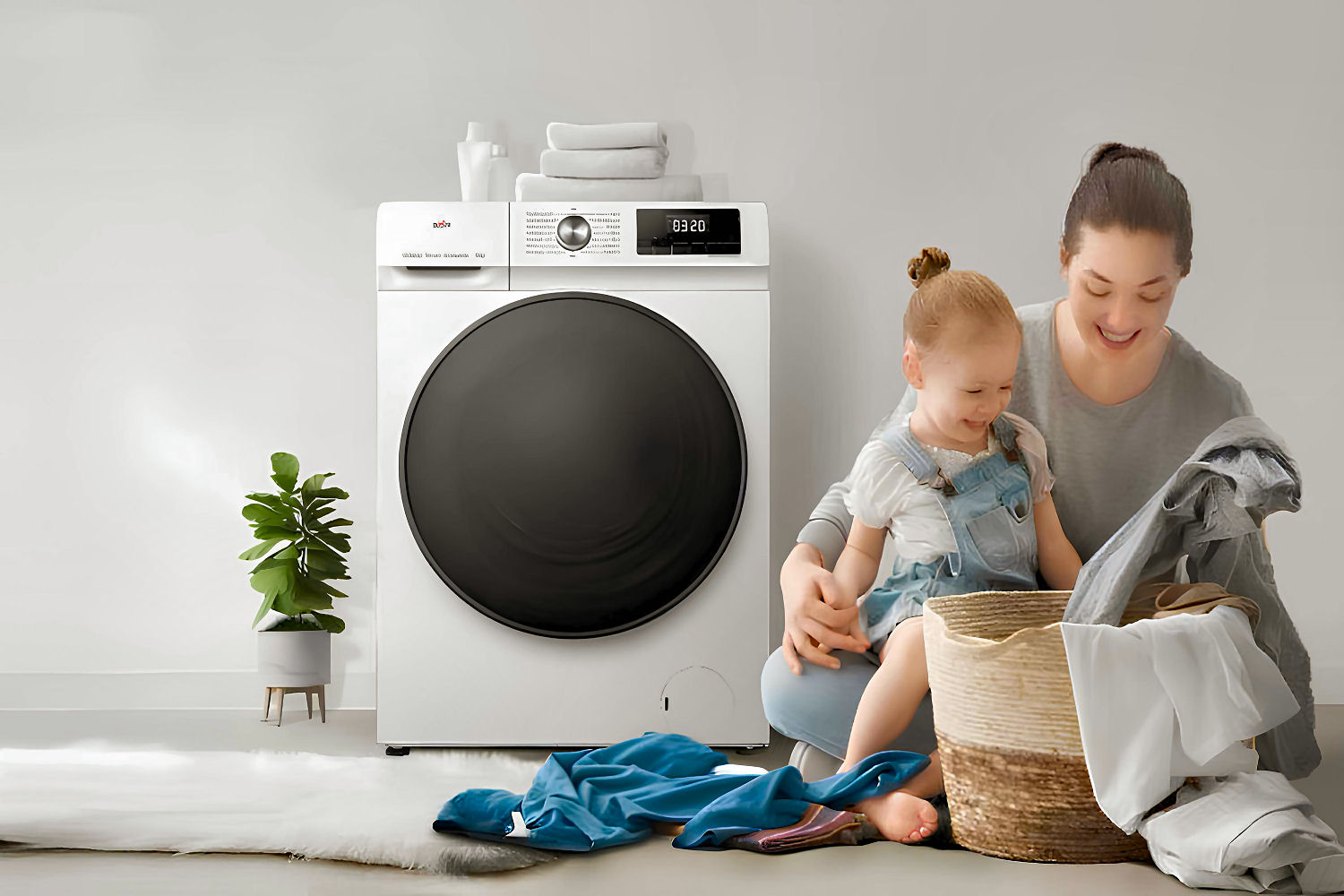 Una donna e un bambino sono vicino a una lavatrice. Stanno piegando i vestiti da un cesto. Una pianta è sulla sinistra.